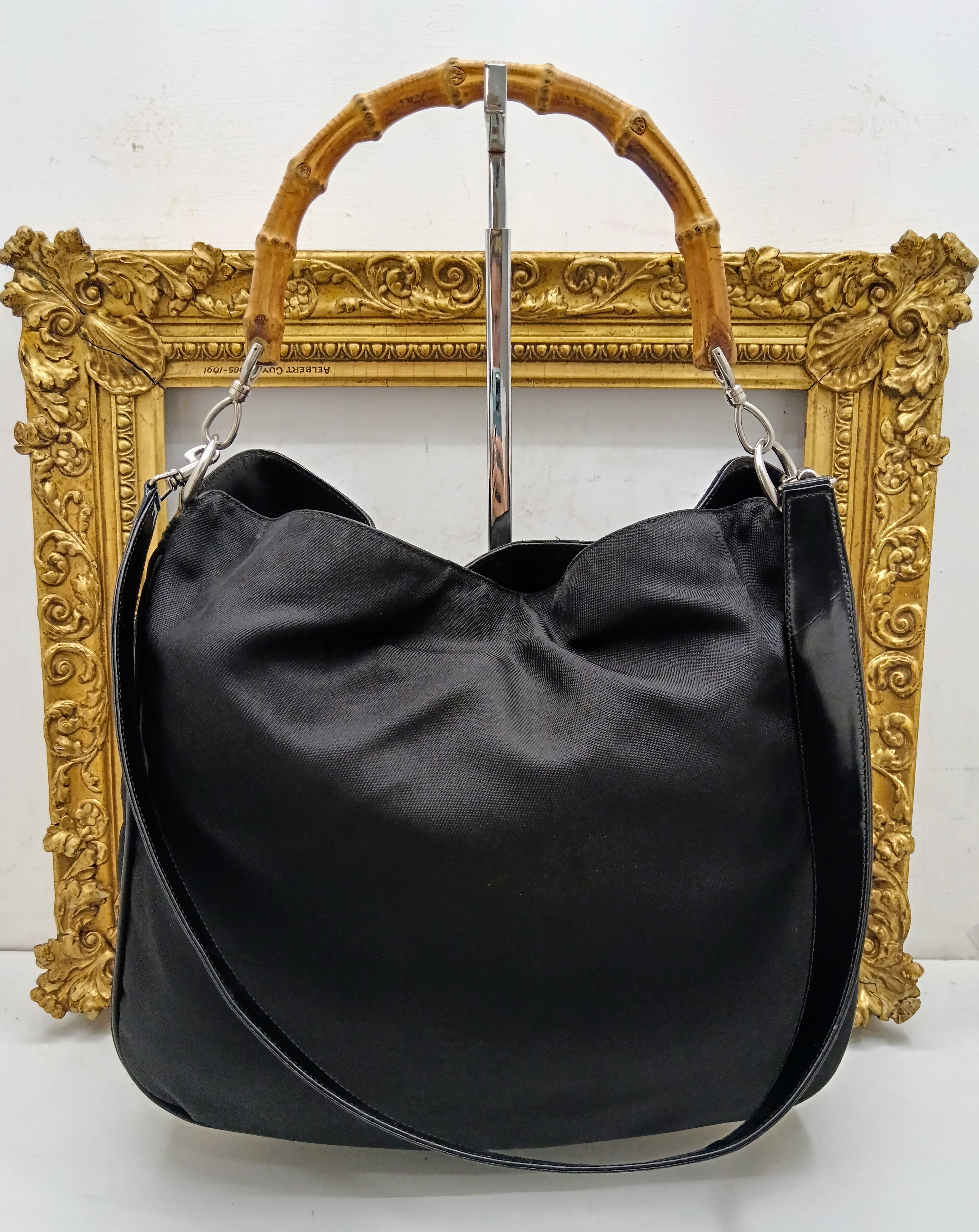 Gucci – Borsa a spalla Bamboo in tessuto e pelle nera Vintage