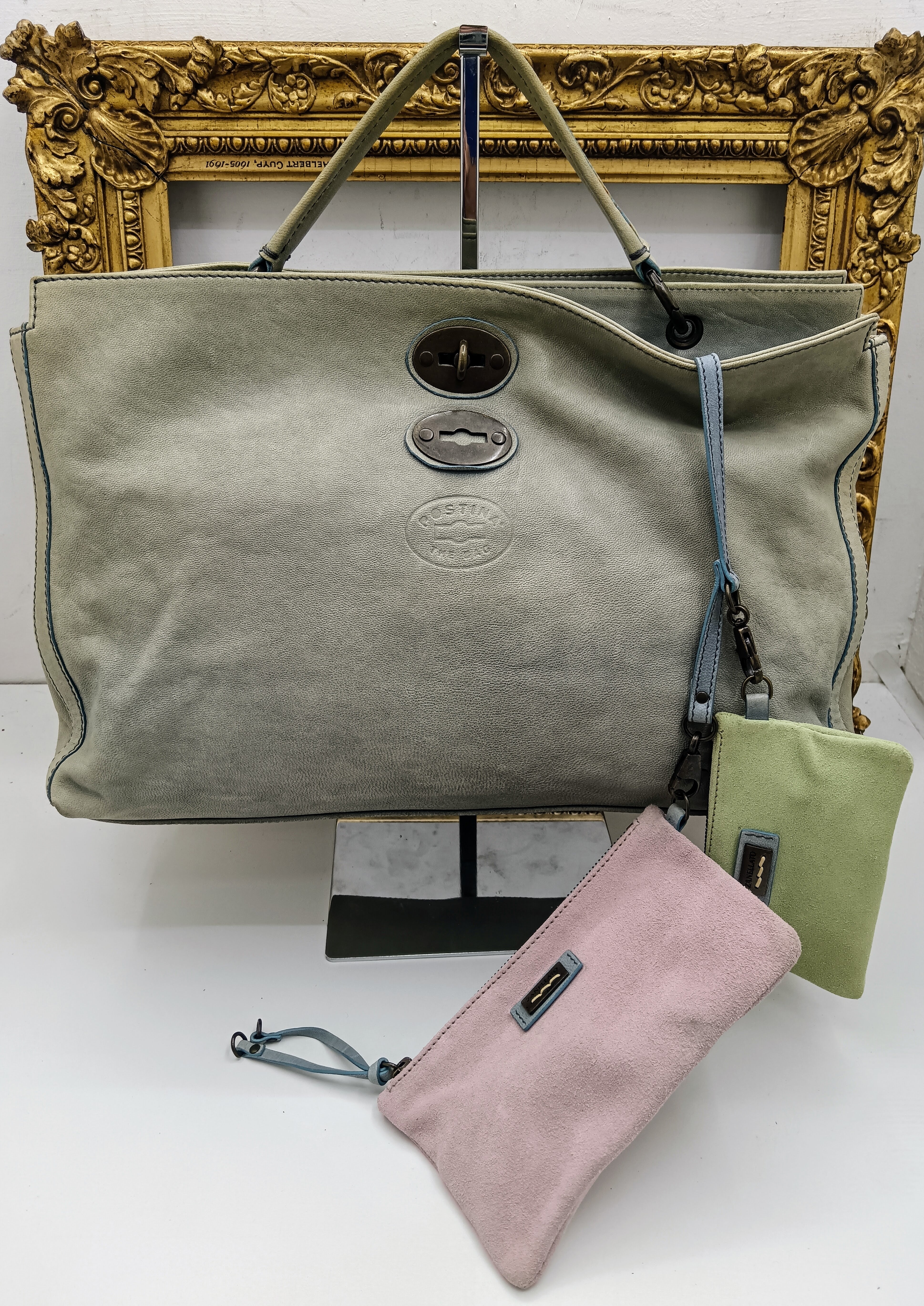 Zanellato – Postina Bag grande con 2 pochette in pelle nabuk azzurro vintage invecchiato