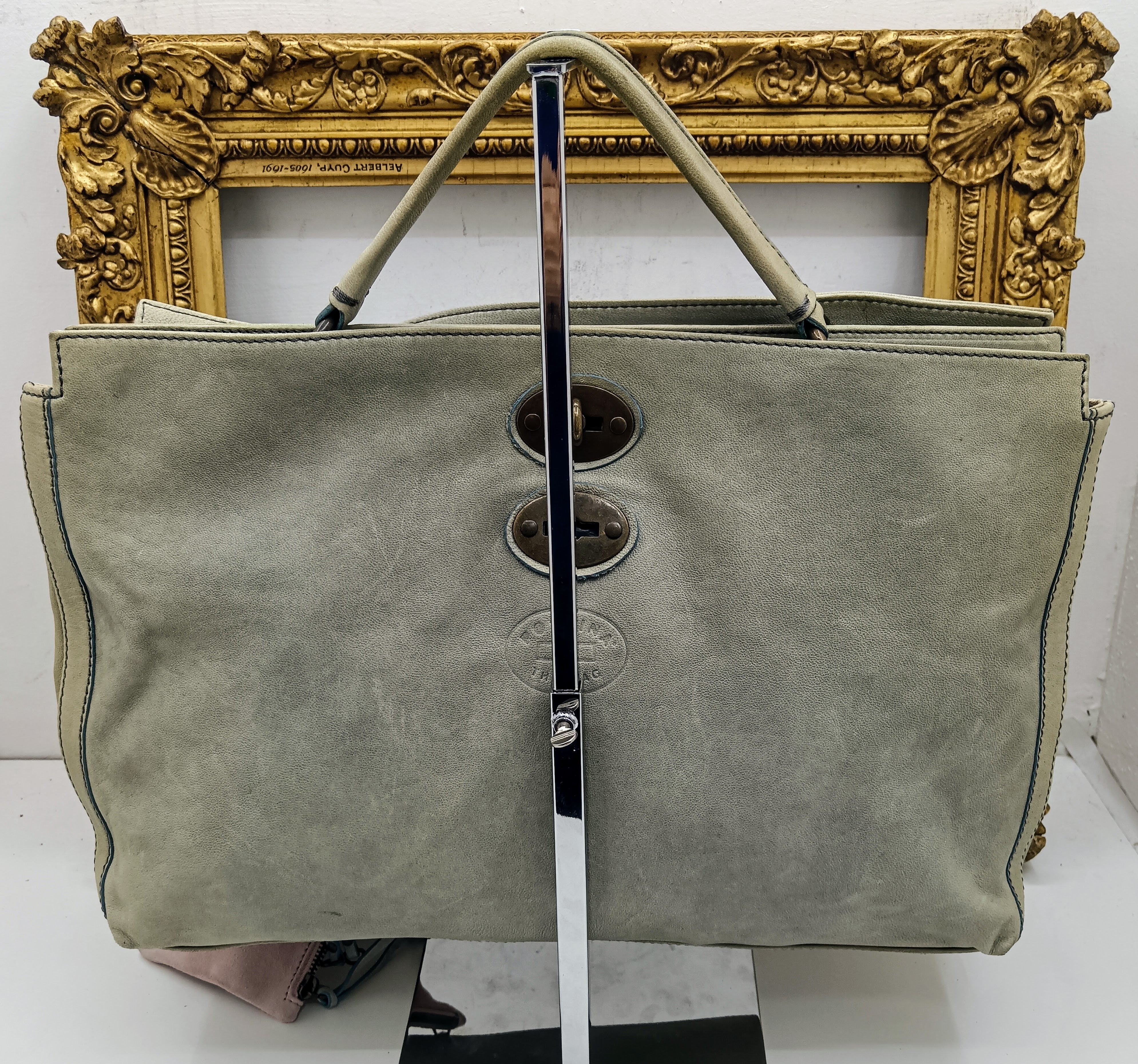 Zanellato – Postina Bag grande con 2 pochette in pelle nabuk azzurro vintage invecchiato