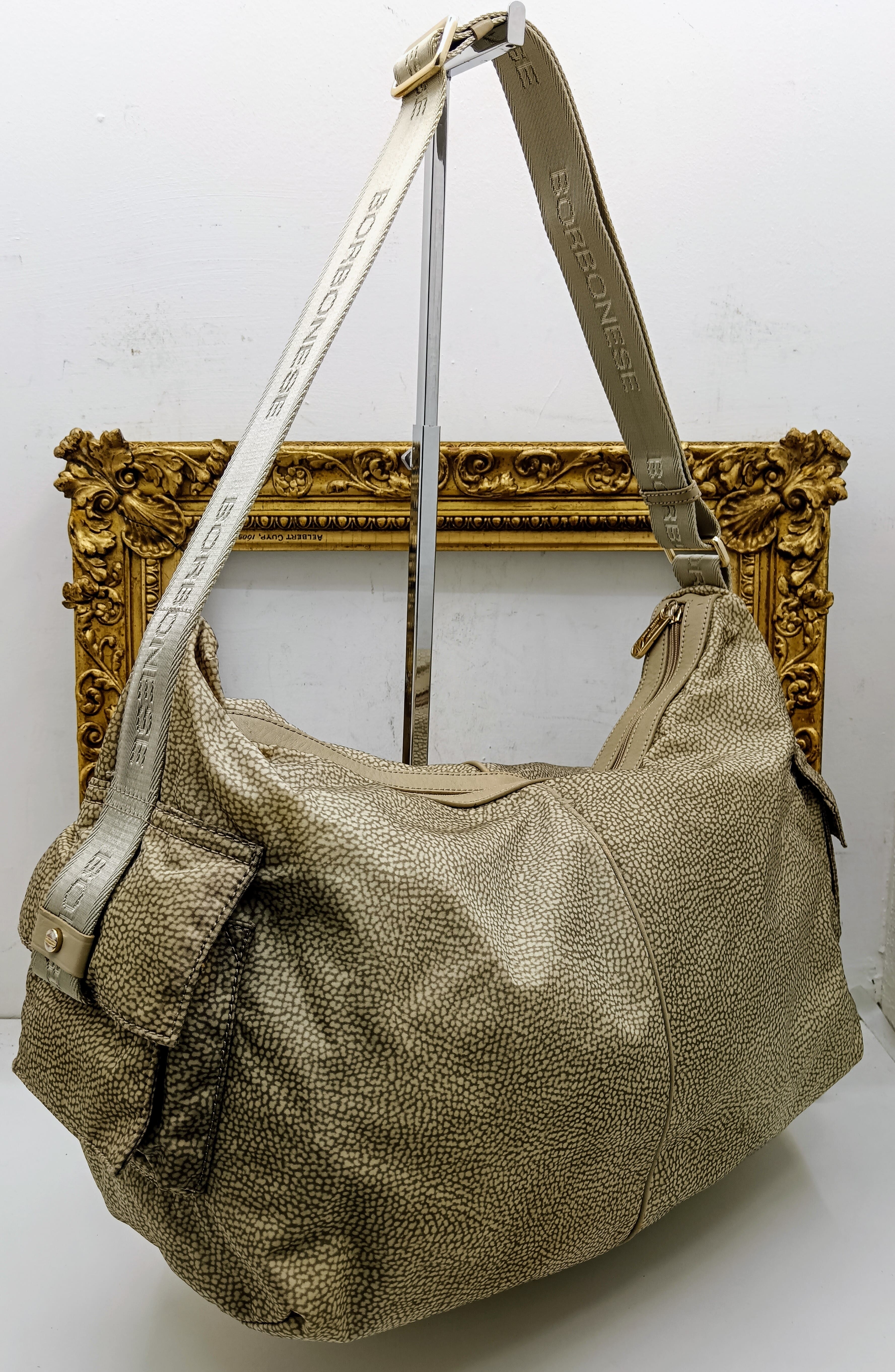Borbonese – Maxi borsa mezzaluna hobo in tessuto beige tapiro e pelle