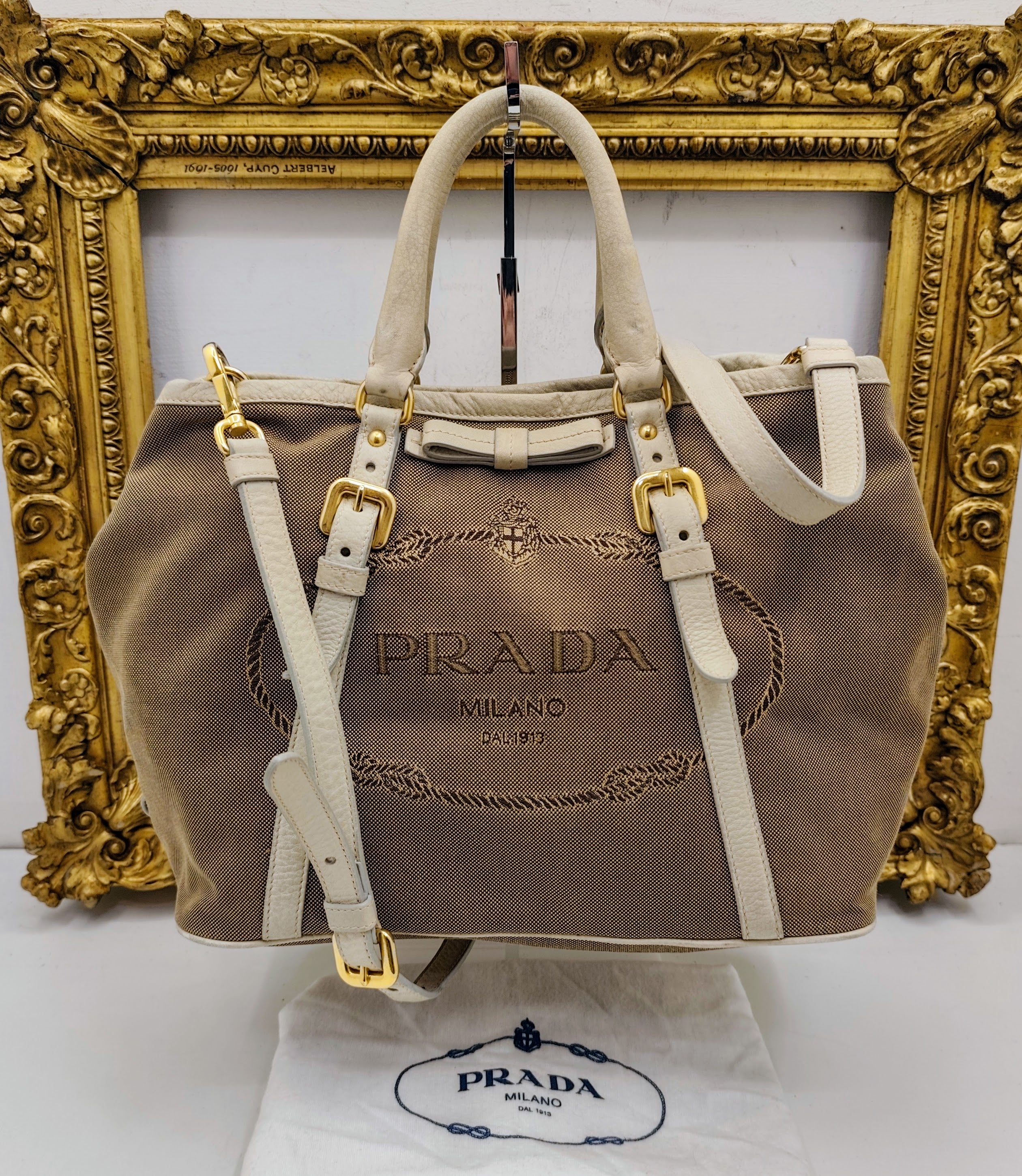 Prada - Tote Bag Shopper Media Canapa Jacquard Beige e Avorio