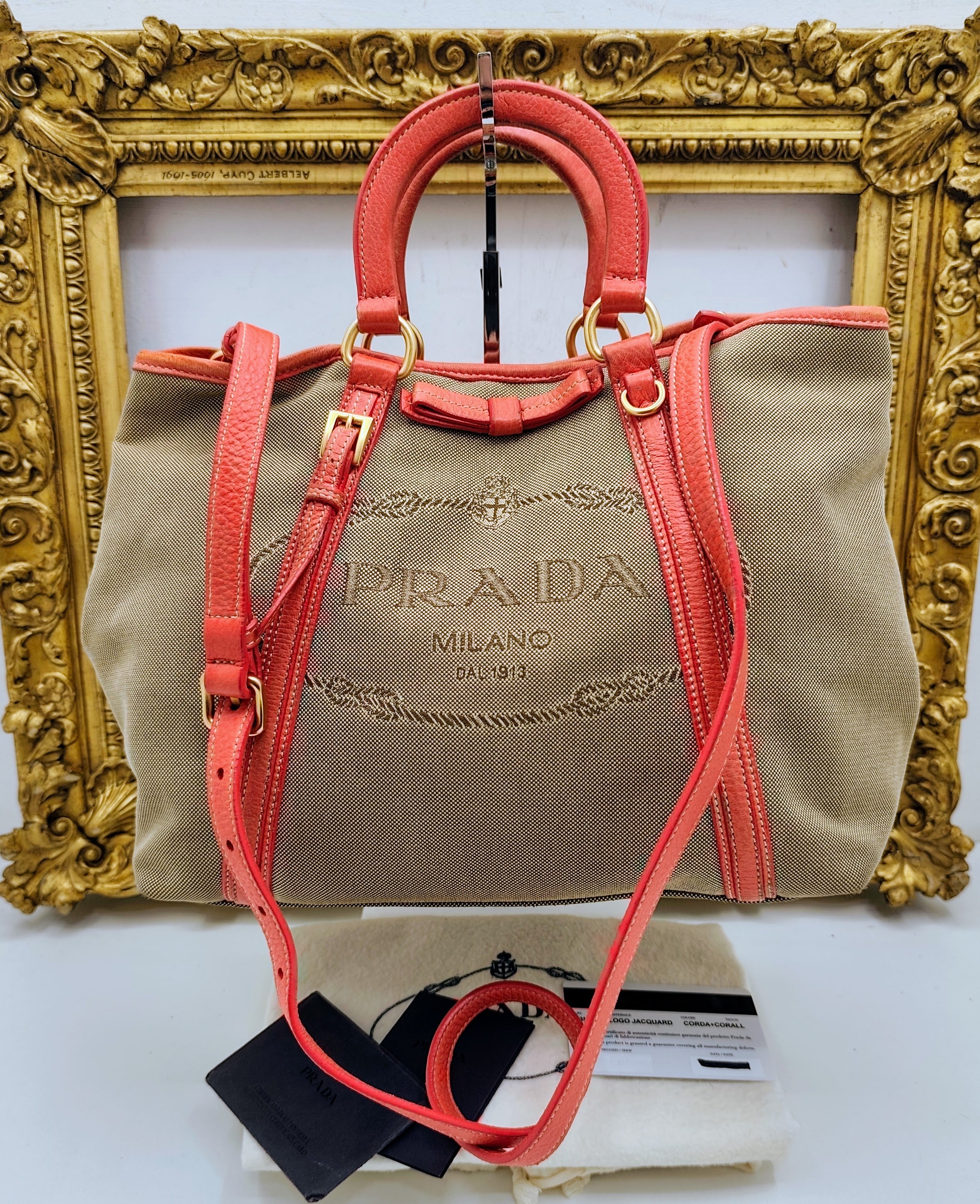 Prada – Shopper Tote Bag Media Logo Jacquard Beige e Corallo