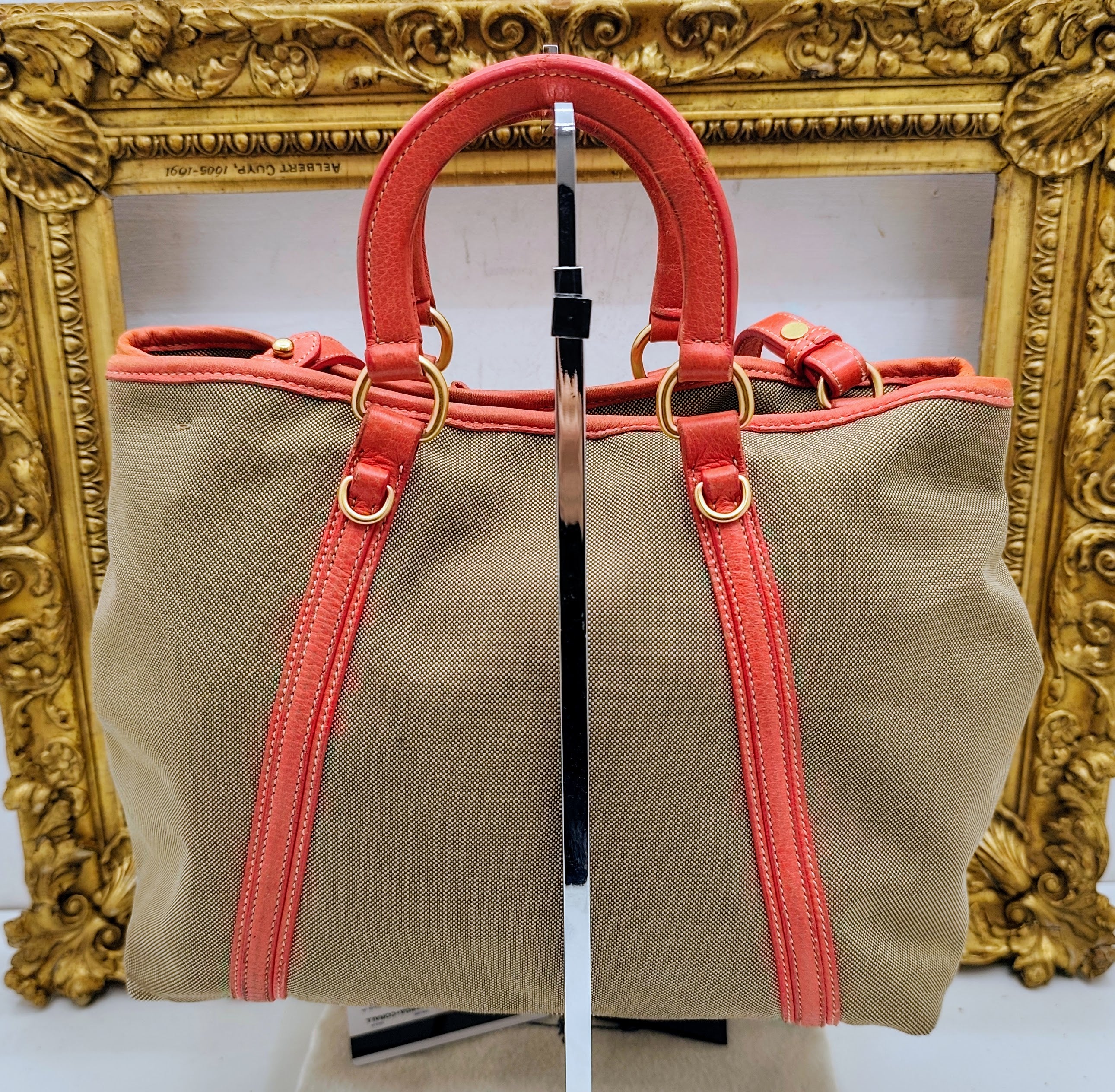 Prada – Shopper Tote Bag Media Logo Jacquard Beige e Corallo
