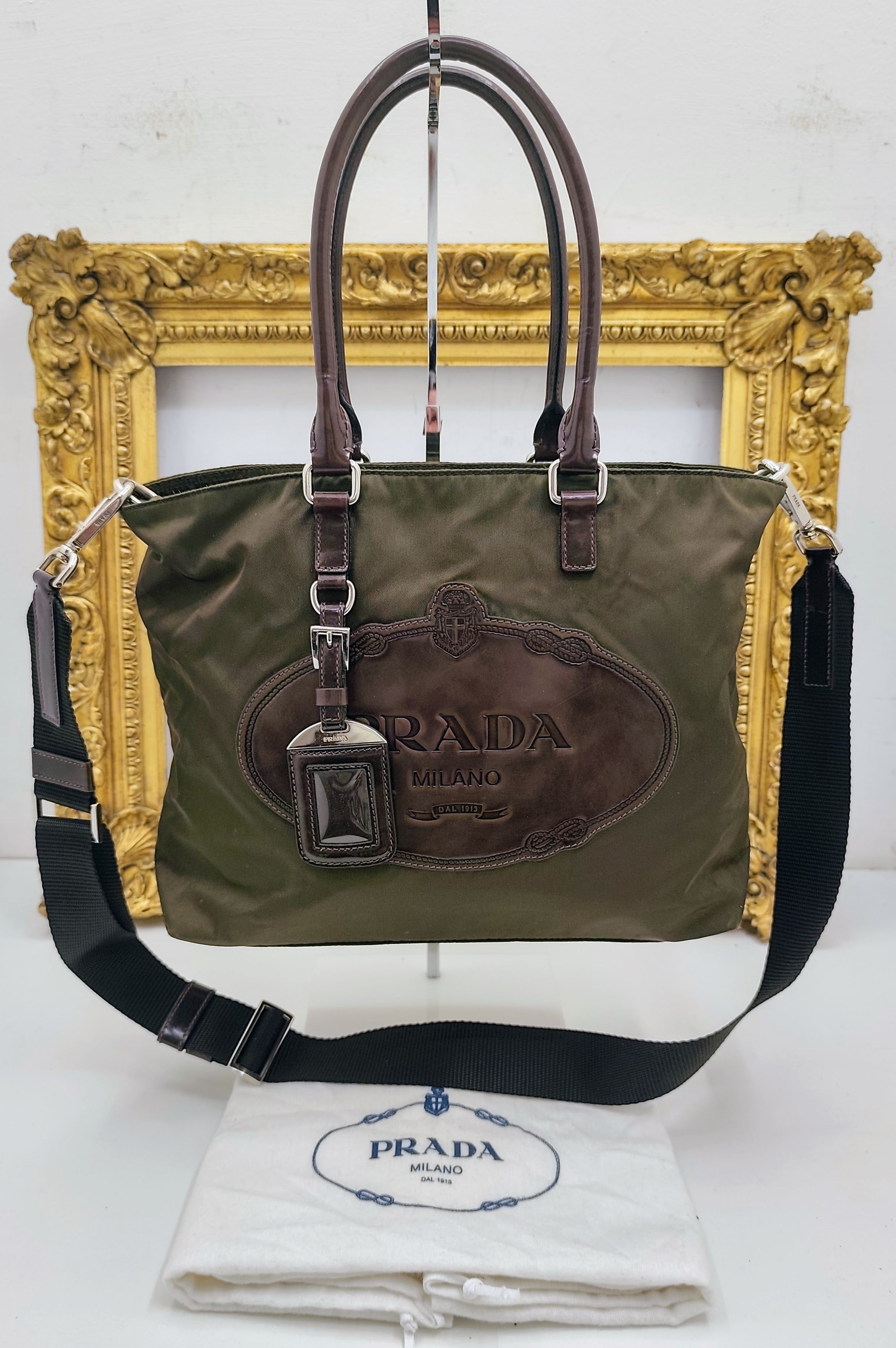 Prada – Tote Bag Shopper Mini Logo Jacquard Nylon e Pelle a Spalla o Tracolla