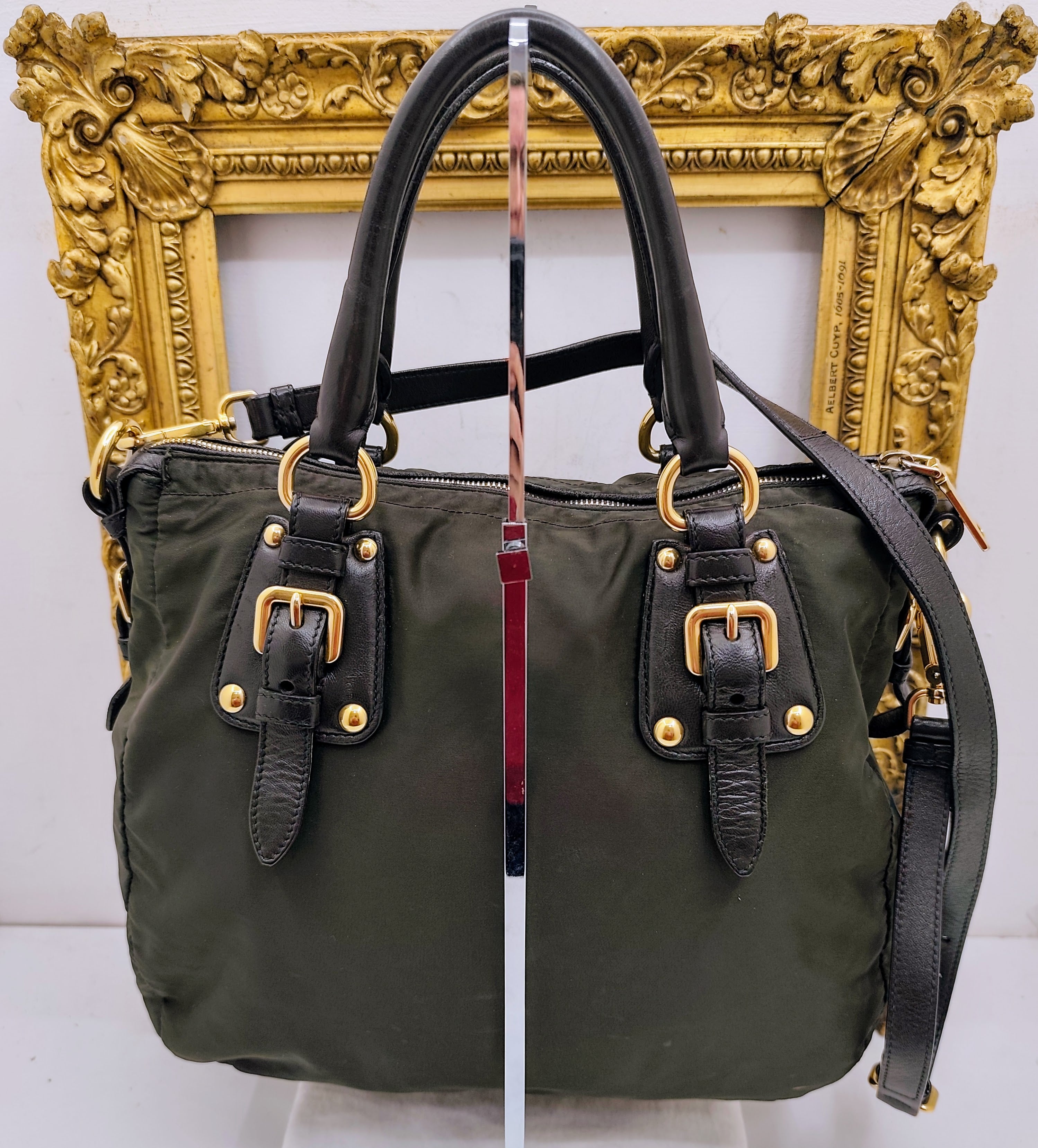 Prada – Shopper Tote Bag Logo Jacquard Tessuto e Pelle con Tracolla