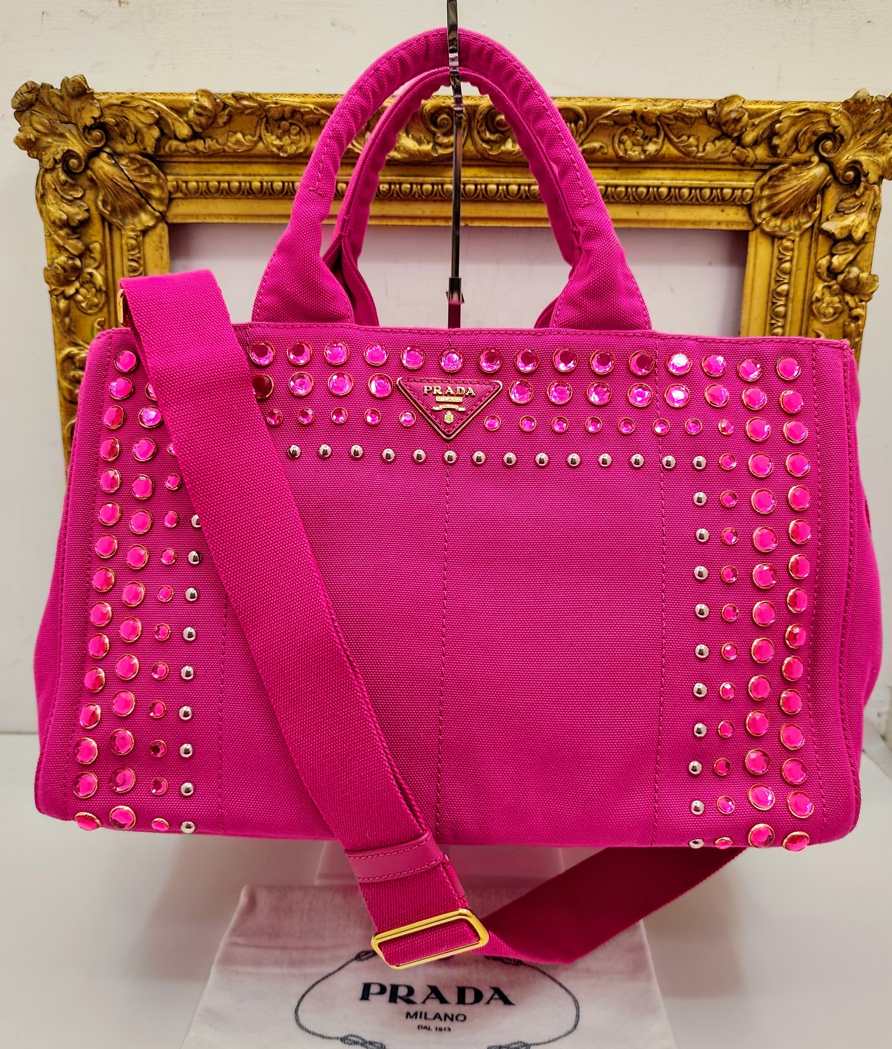 Prada – Tote Bag Shopping Canapa Tela Denim Rosa con Zirconi