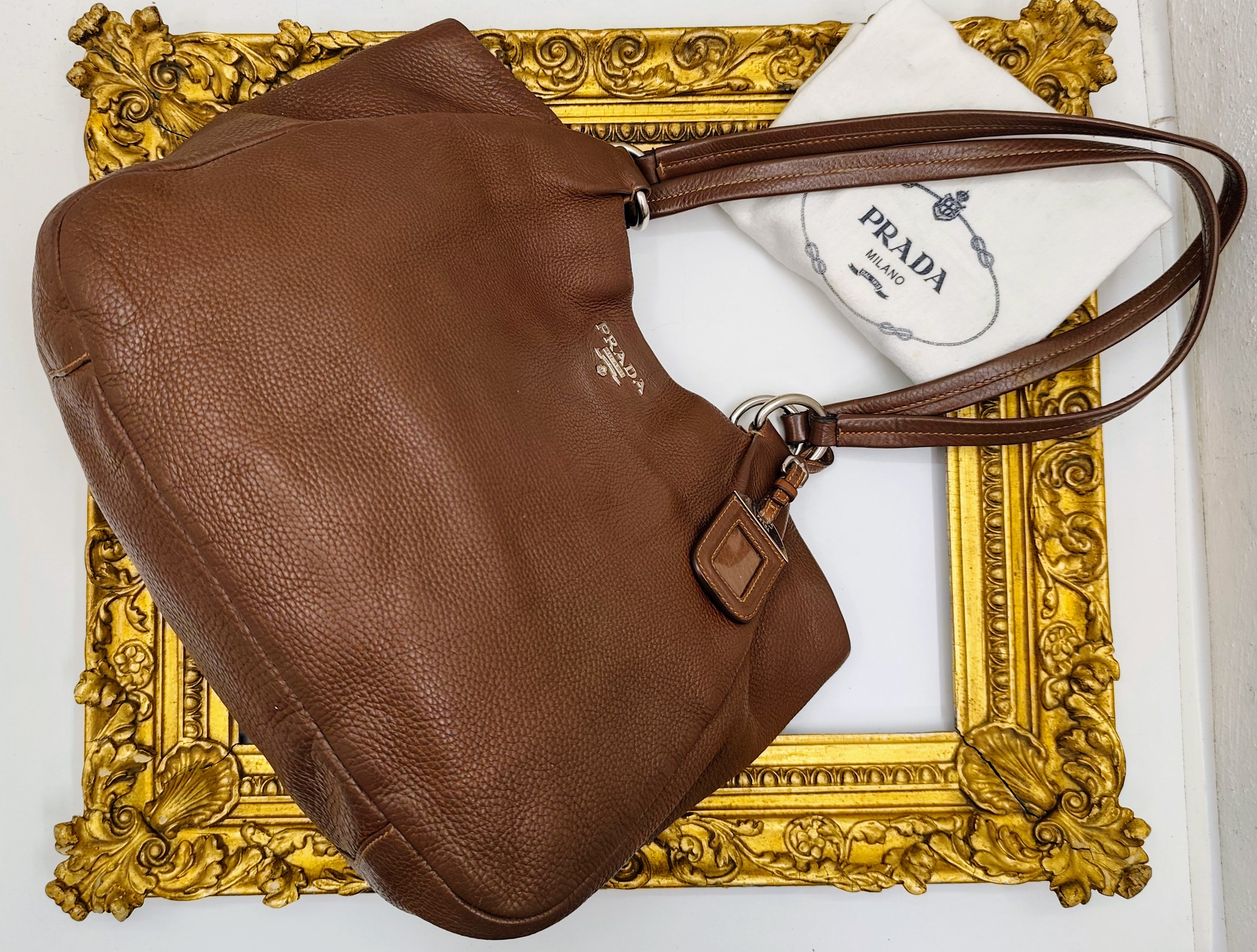 Prada - Borsa Shopping Spalla in Pelle Martellata Marrone