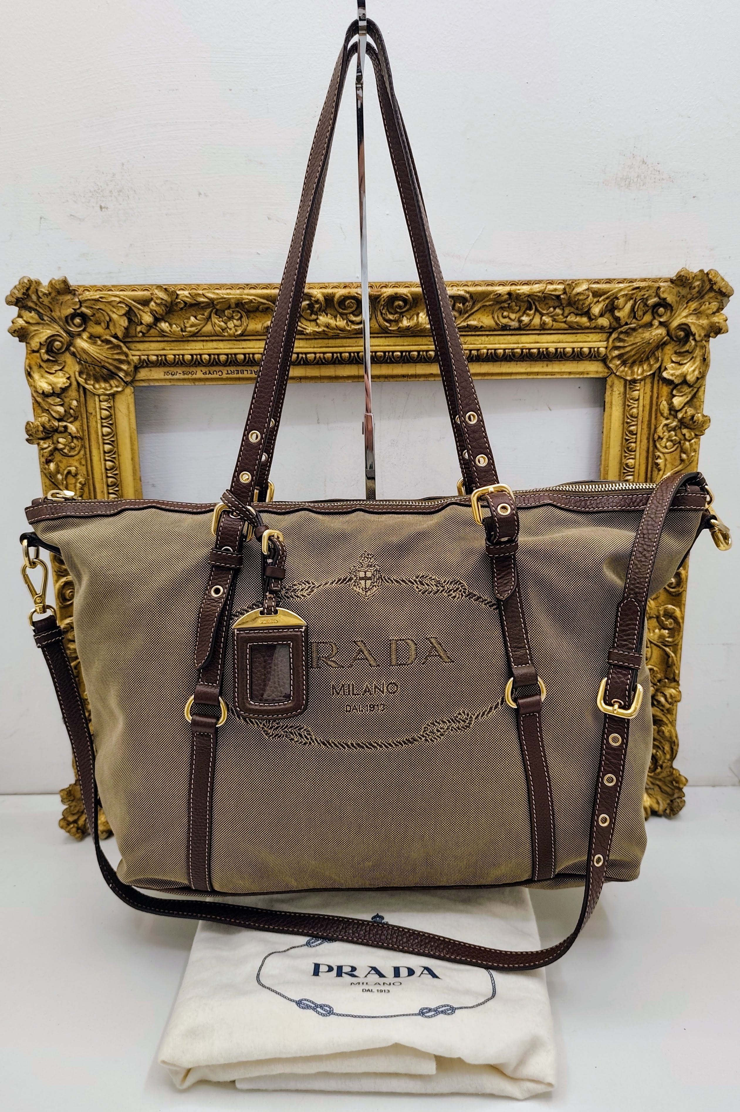 Prada - Shopper Tote Bag in Tessuto Jacquard Beige e Inserti in Pelle