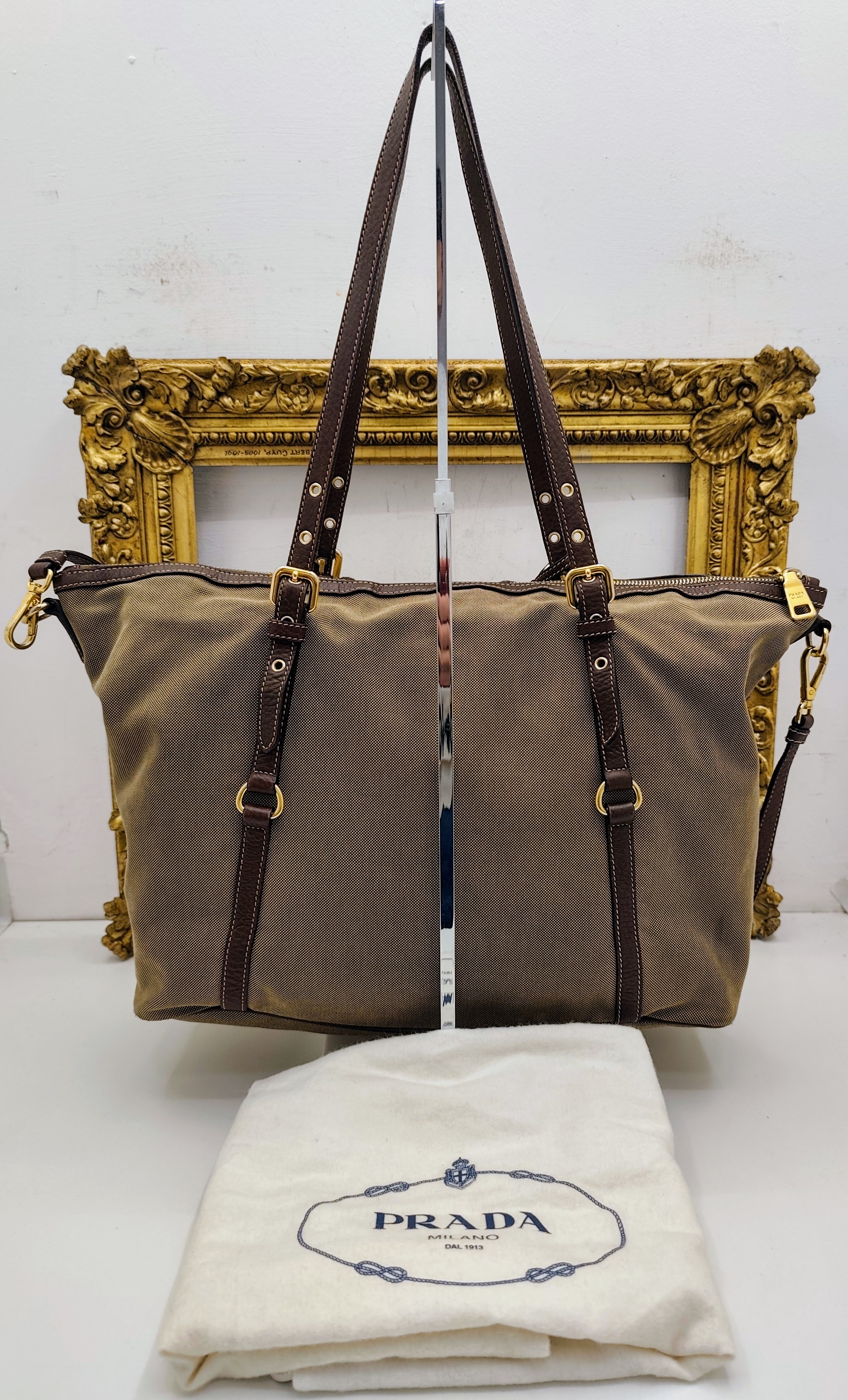 Prada - Shopper Tote Bag in Tessuto Jacquard Beige e Inserti in Pelle