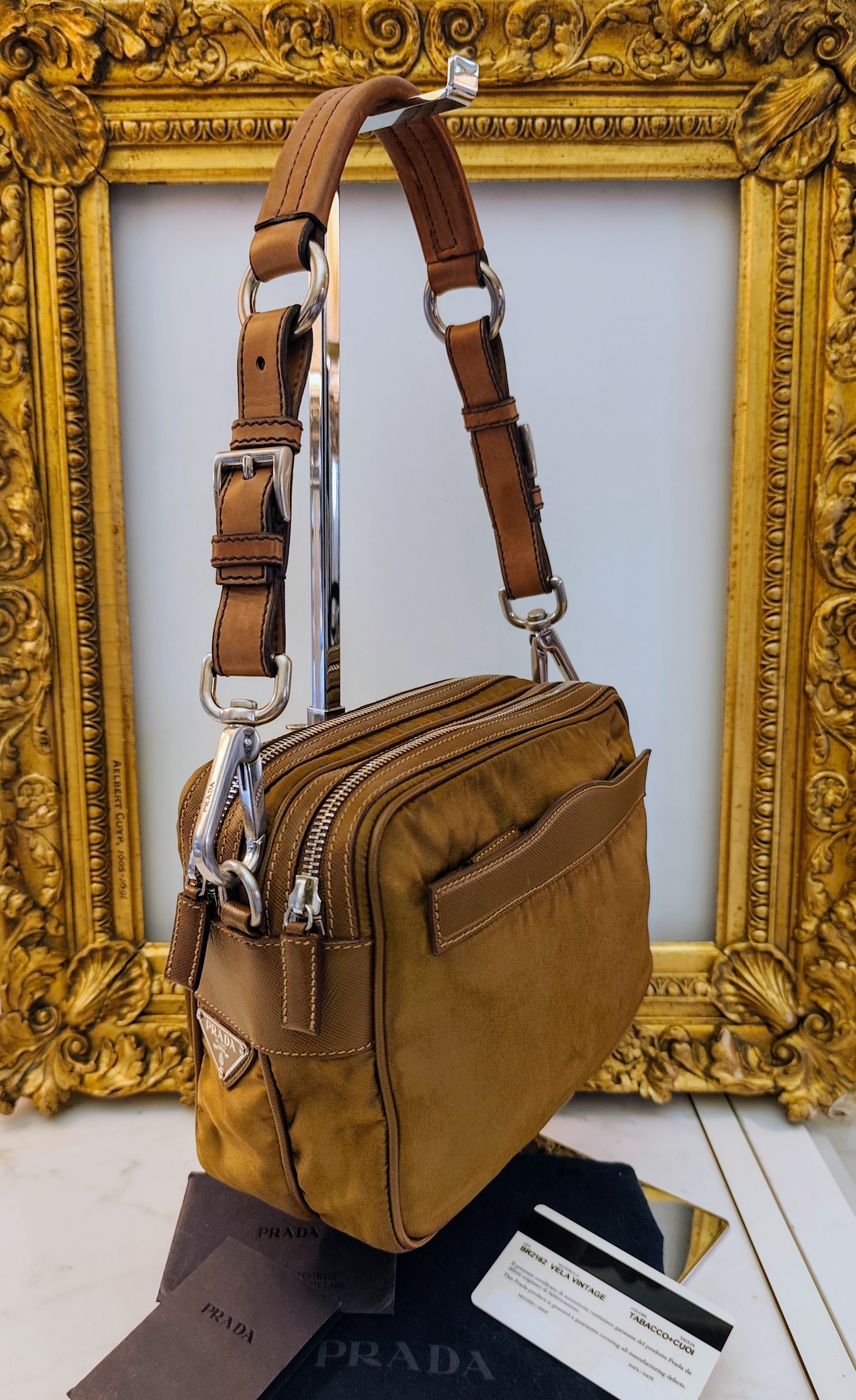 Prada - Borsetta a Spalla o Pochette in tessuto e pelle Cognac