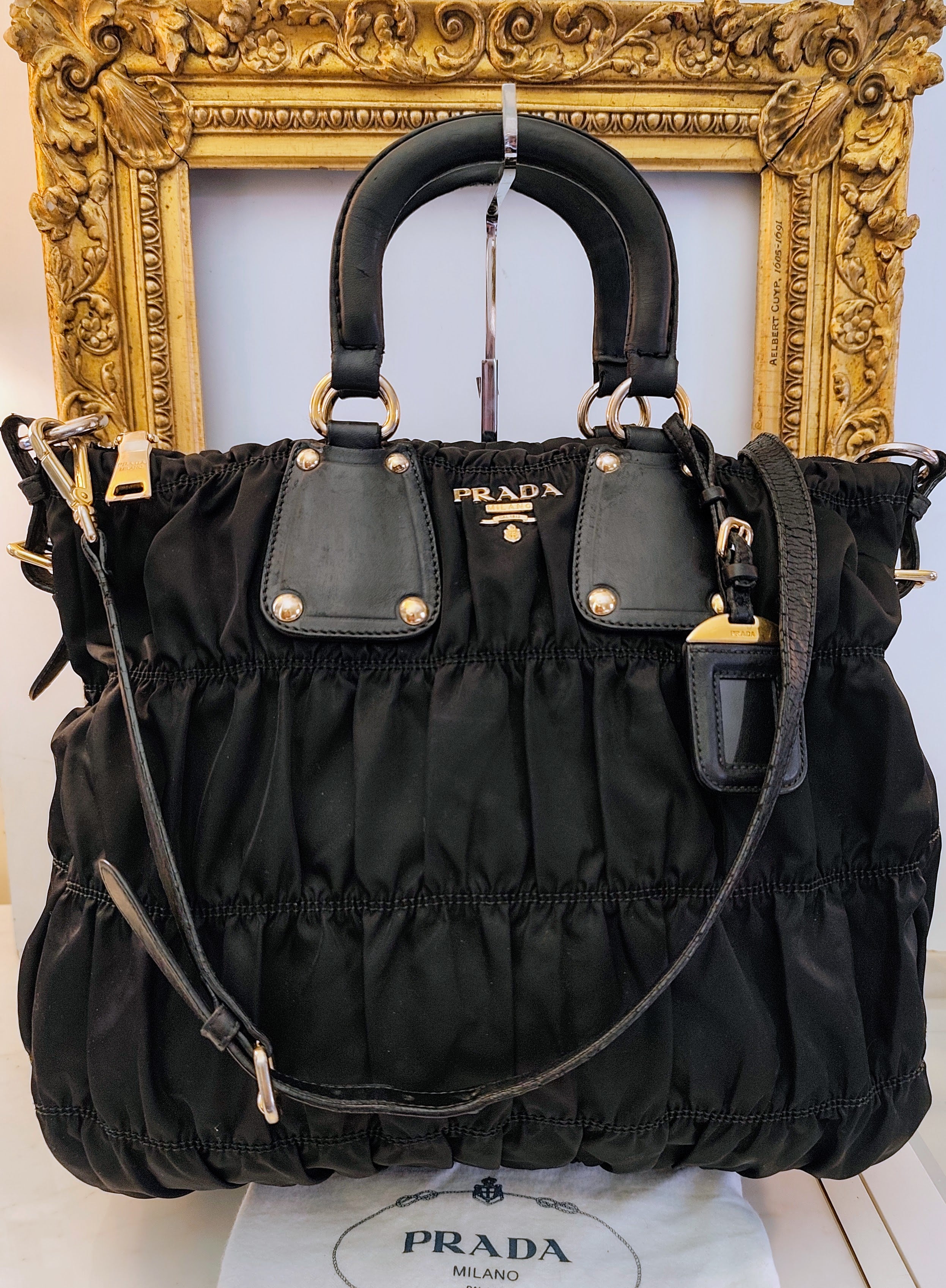 Prada - Shopper Tote Bag in Nylon Goffrato e Pelle Nera Full Set