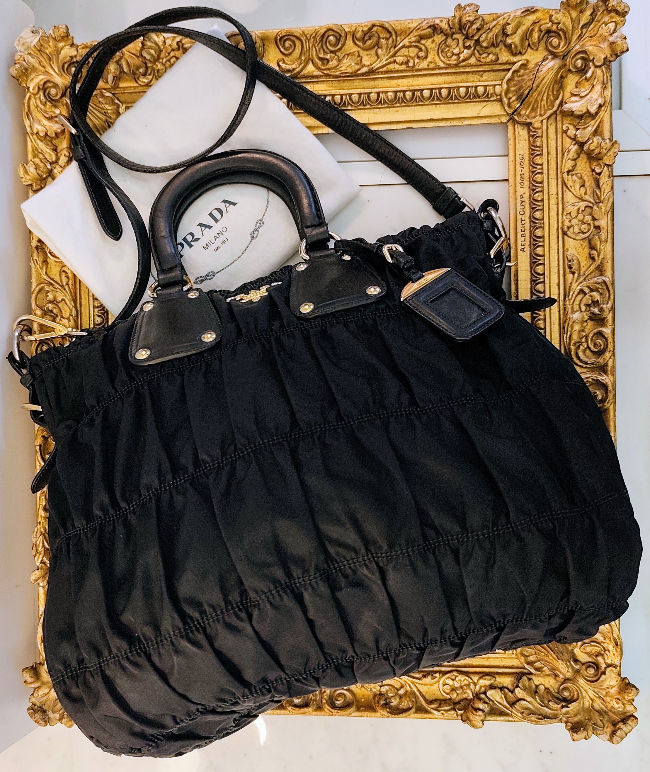 Prada - Shopper Tote Bag in Nylon Goffrato e Pelle Nera Full Set