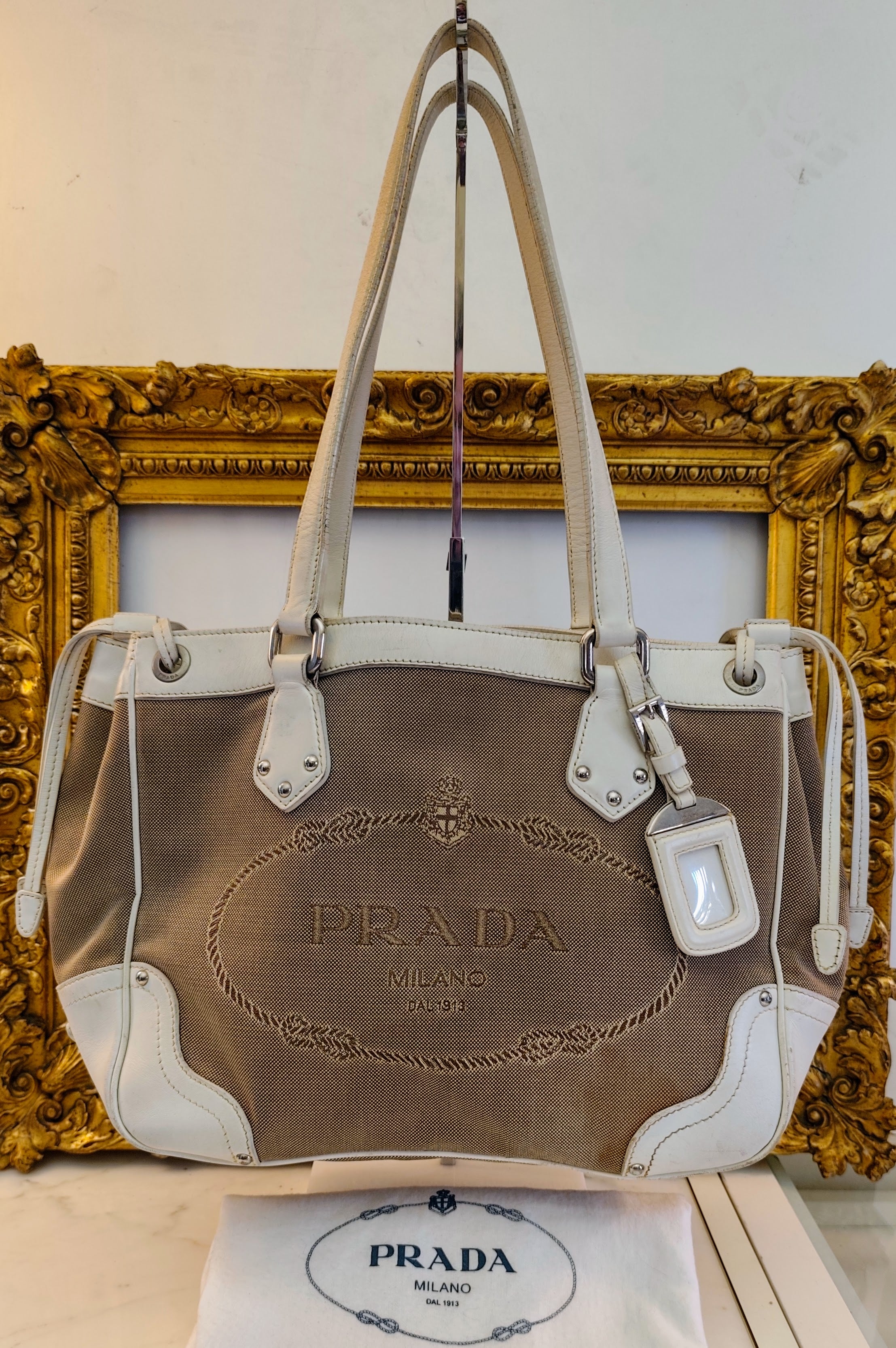 Prada - Tote Bag a Spalla Jacquard Tessuto e pelle