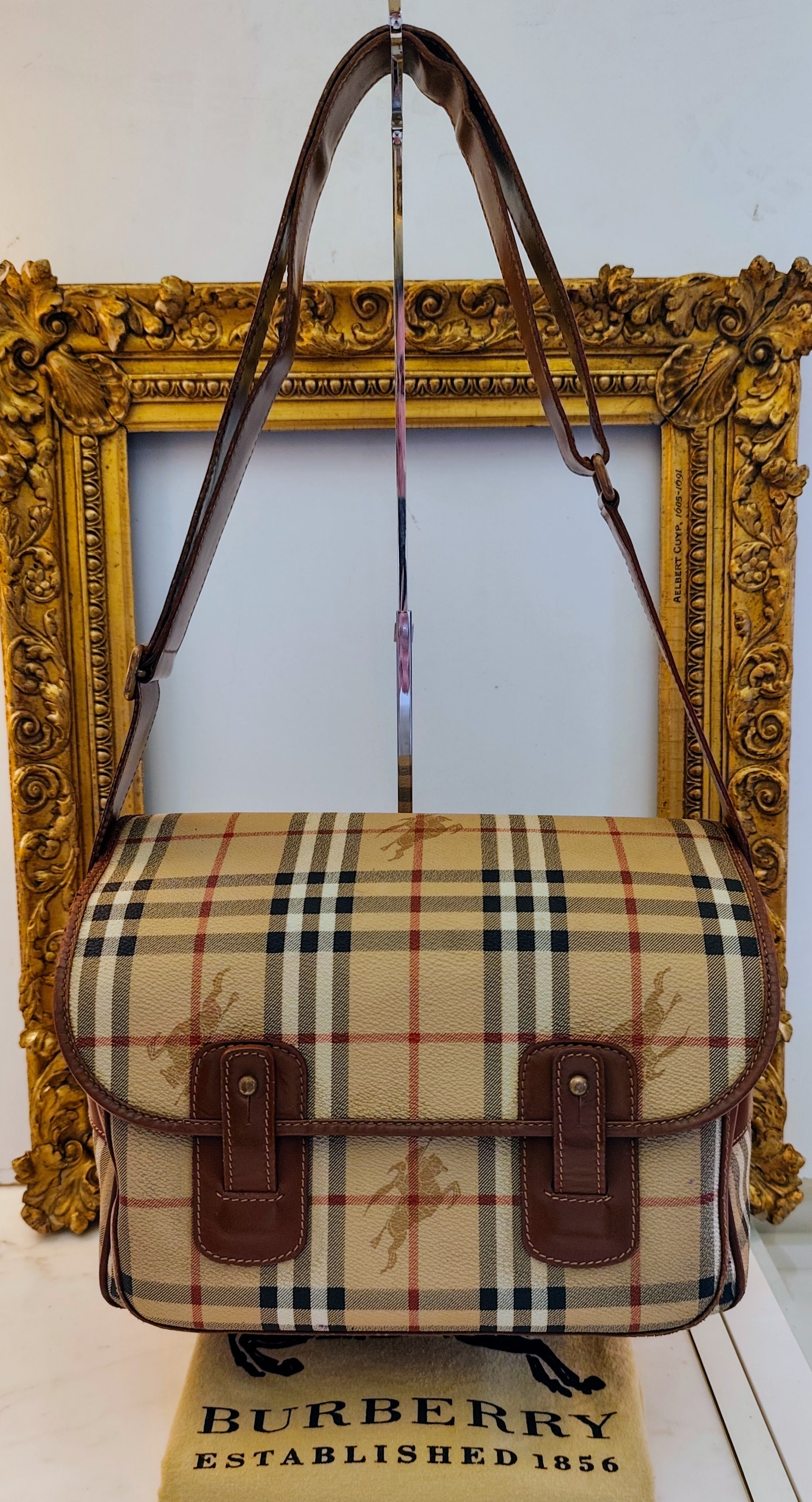 Burberry – Borsa Postina Messenger in Tela Check Beige e Pelle Marrone Vintage