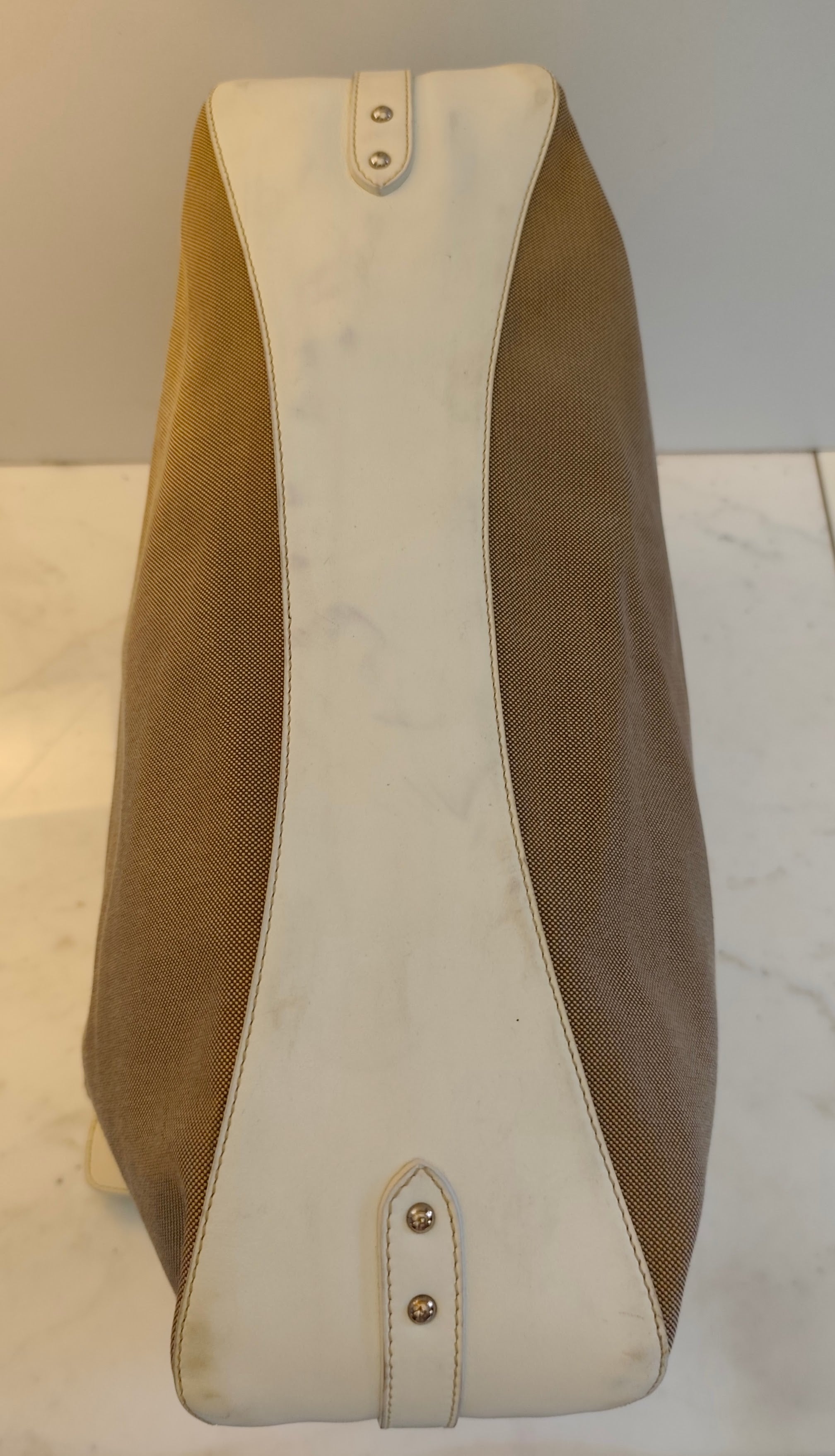 Prada – Hobo Shopper Logo Jacquard Beige e Pelle Bianca