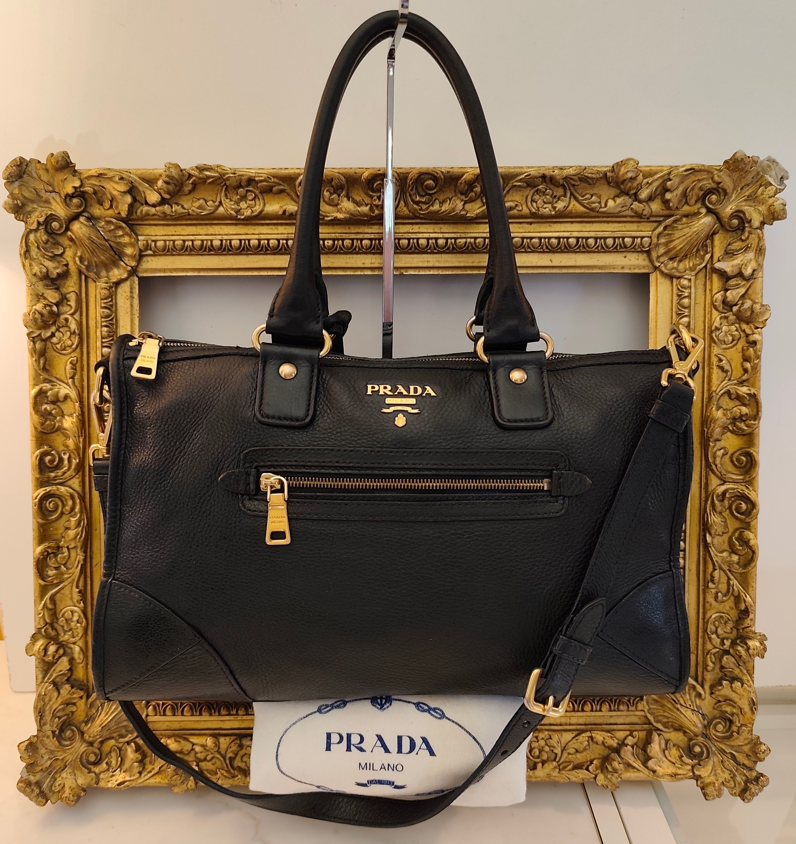 Prada - Bauletto Tote Bag a Spalla in Pelle Nera con Tracolla