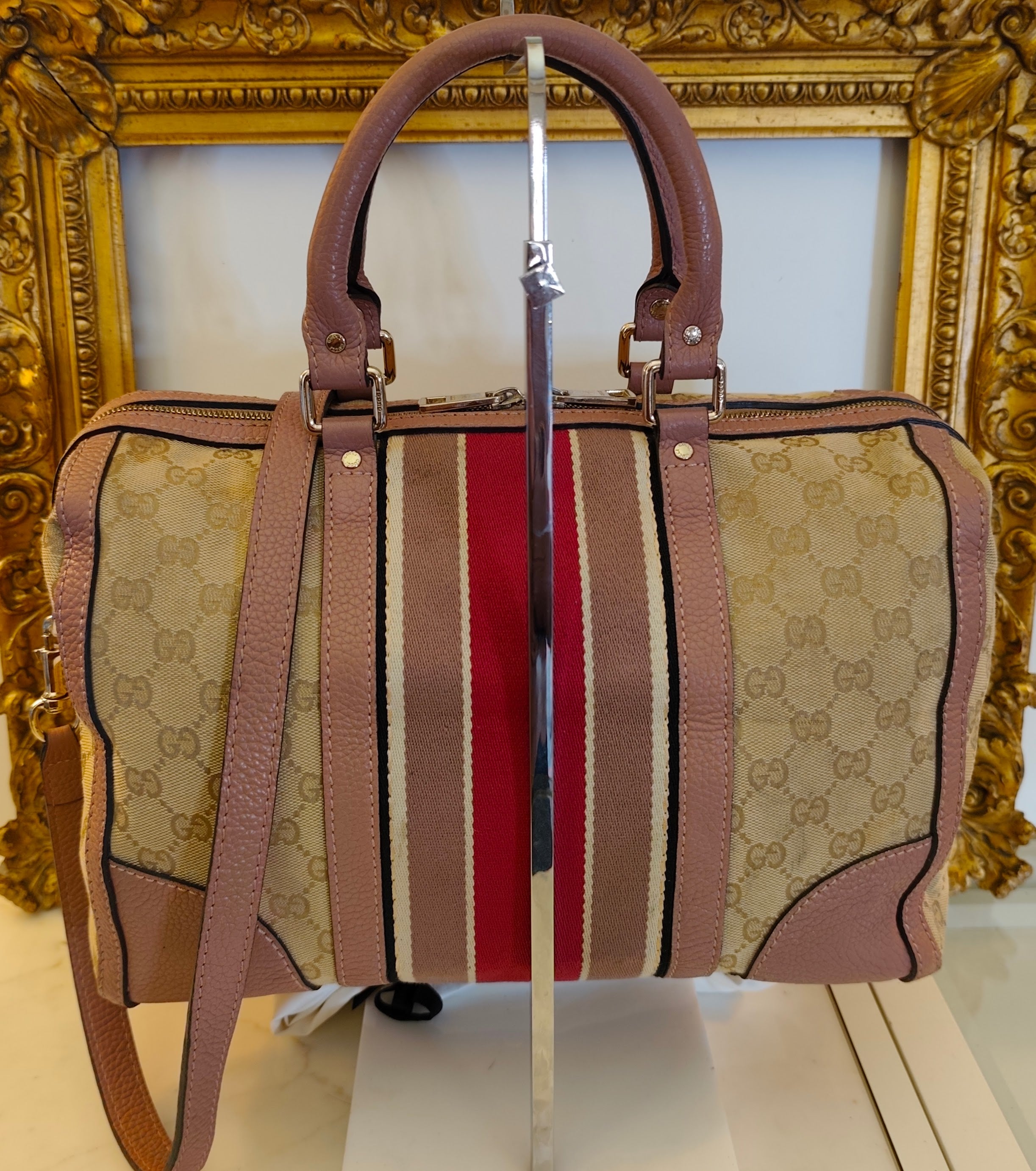 GUCCI - Bauletto Boston Edizione Limitata in Tessuto GG Beige e Rosa con Tracolla