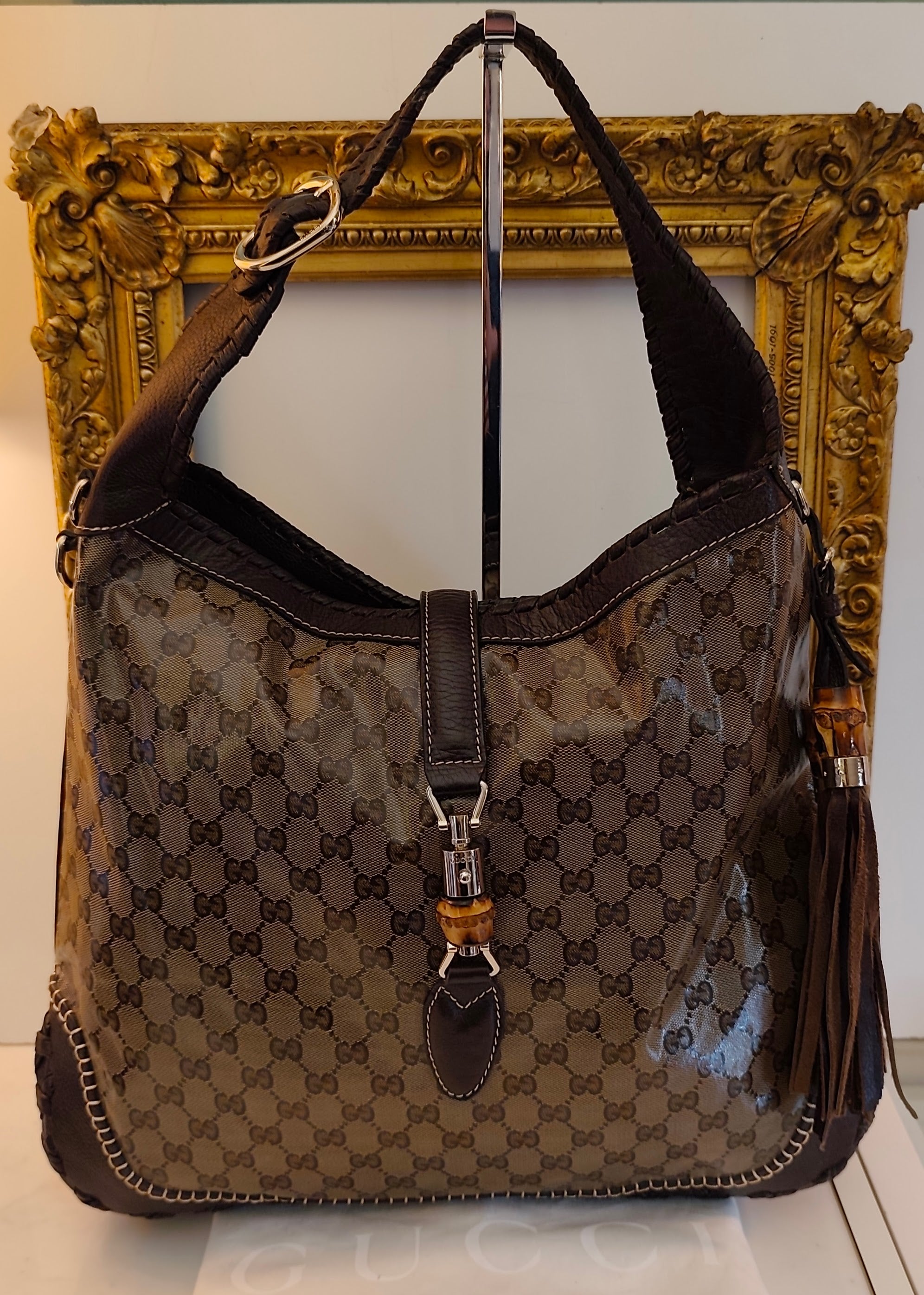 Gucci - Jackie Hobo Cristal in Canvas GG e Pelle Testa di Moro