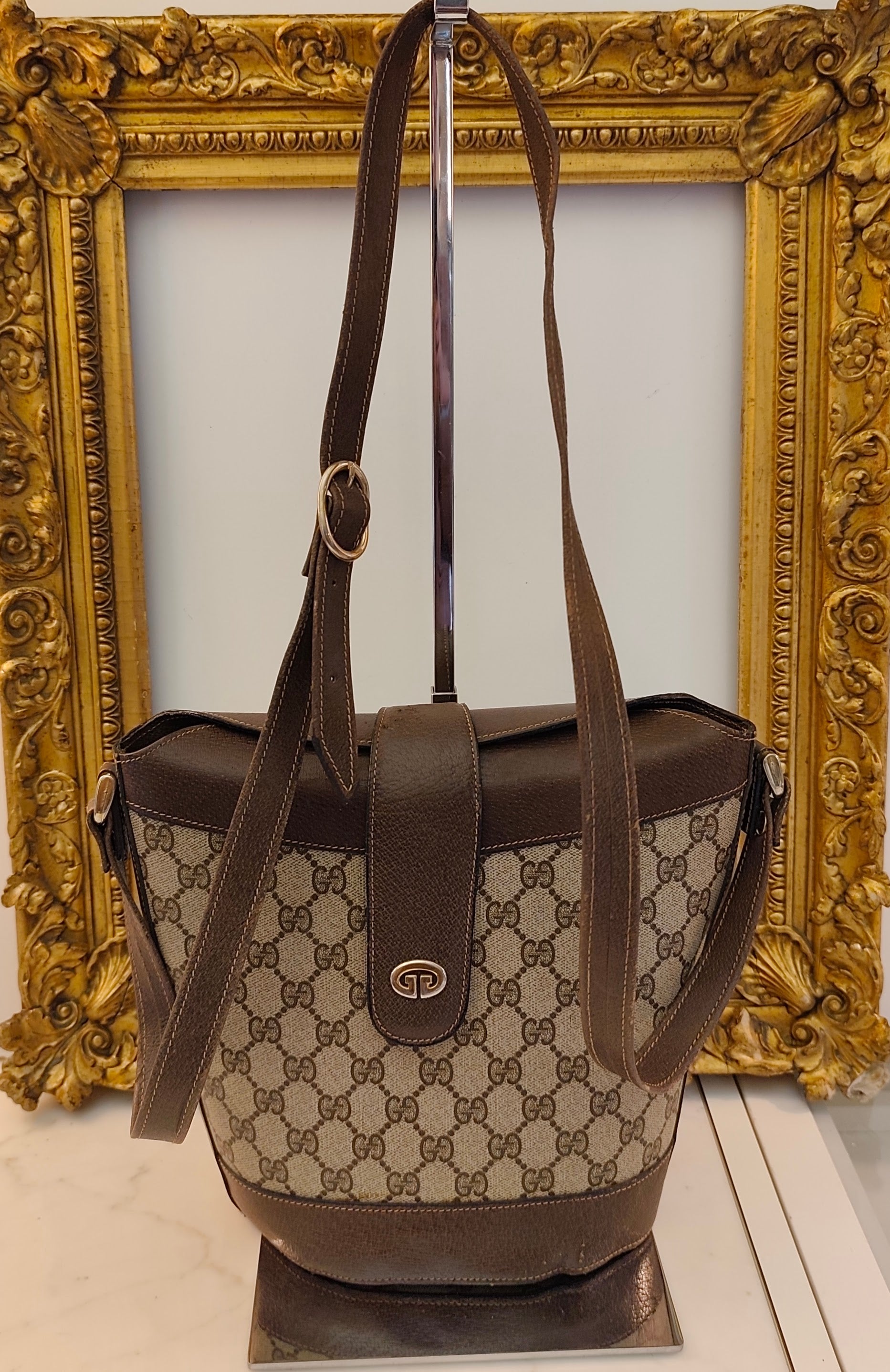 Gucci - Ophidia Secchiello Ovale in Canvas GG Beige e Pelle Vintage