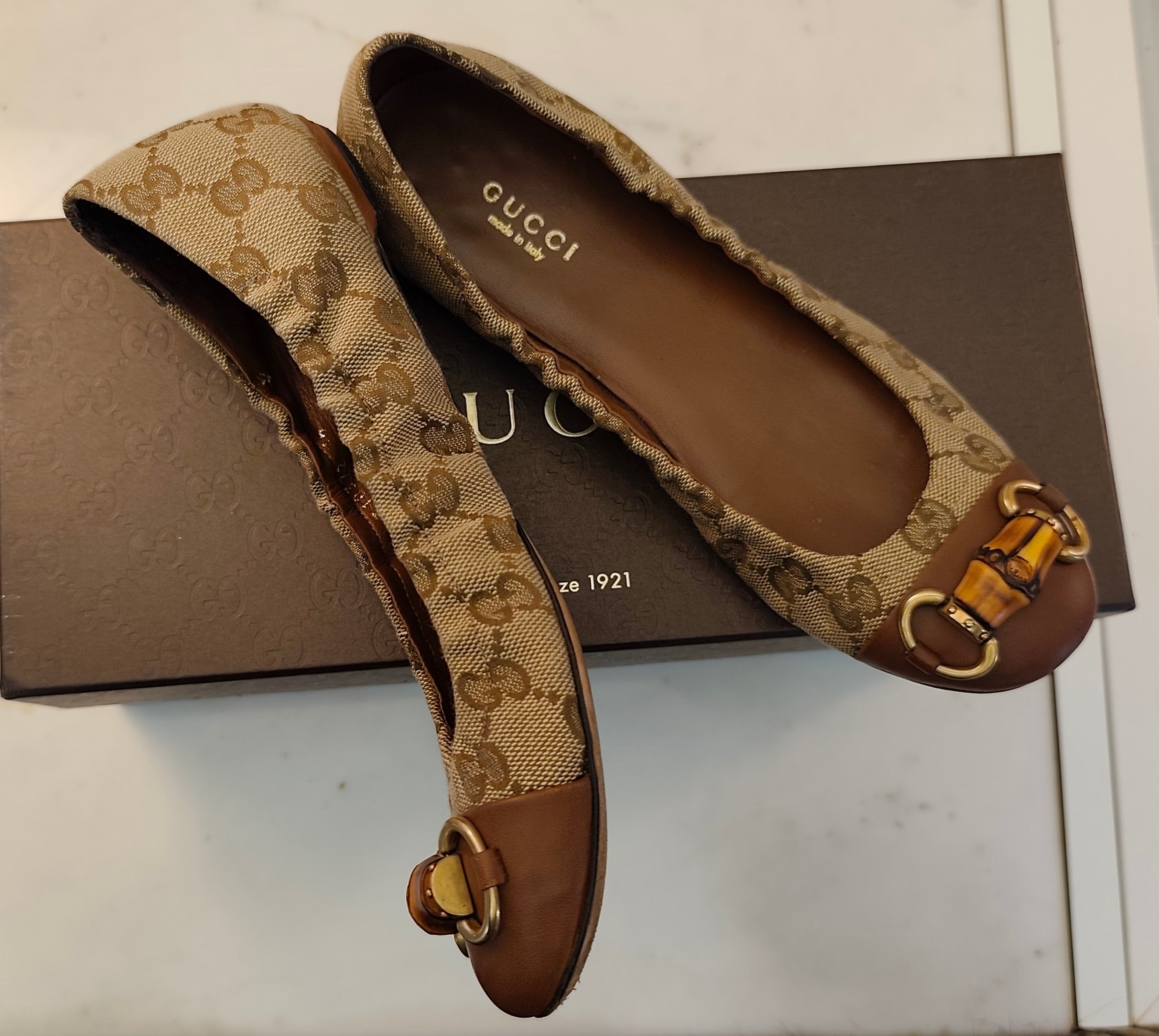 Gucci - Ballerine in Tessuto “GG” e Pelle con Morsetto in Bambù