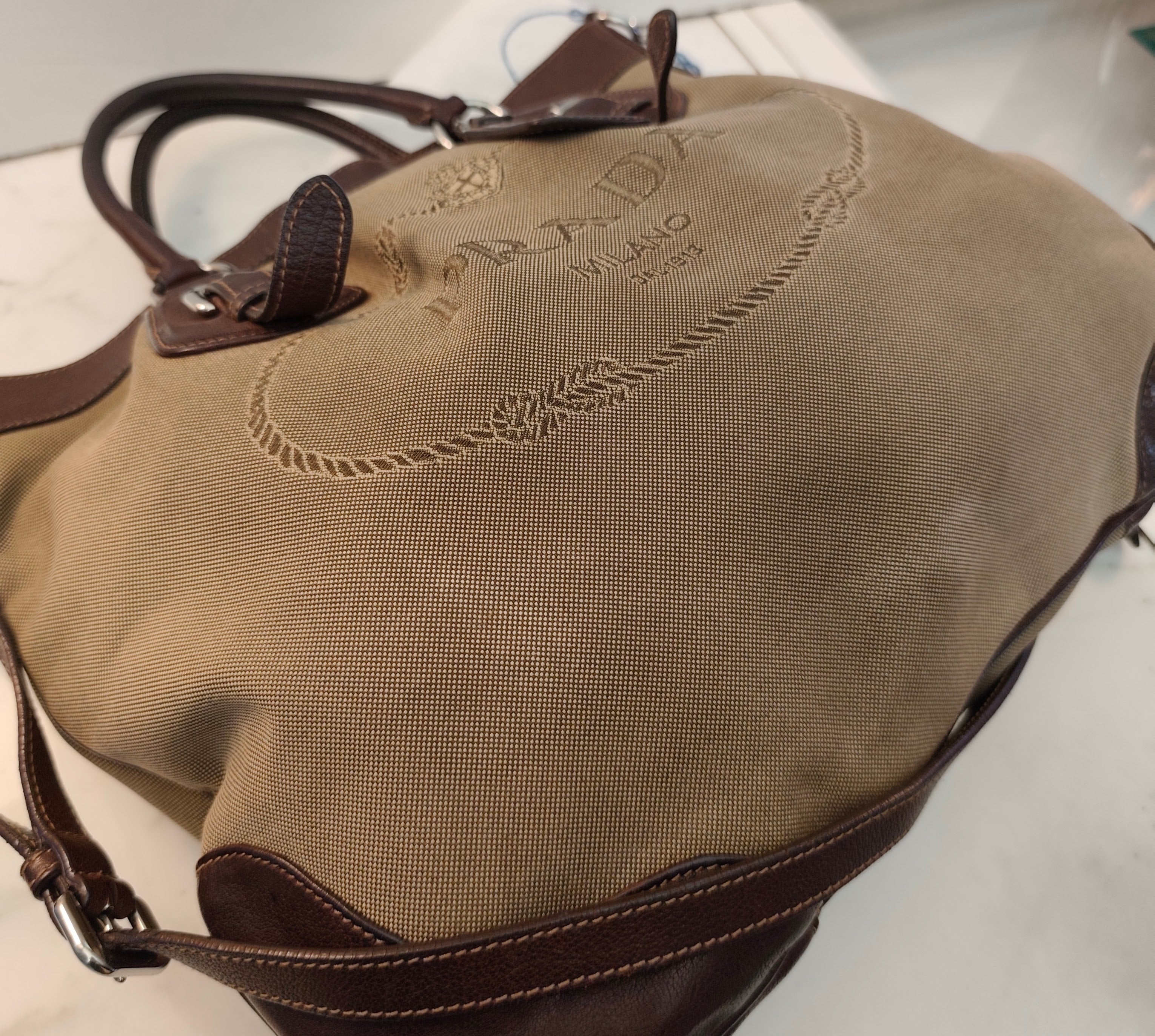 PRADA Shopper Hobo Logo Jacquard Canapa e Pelle Marrone Vintage