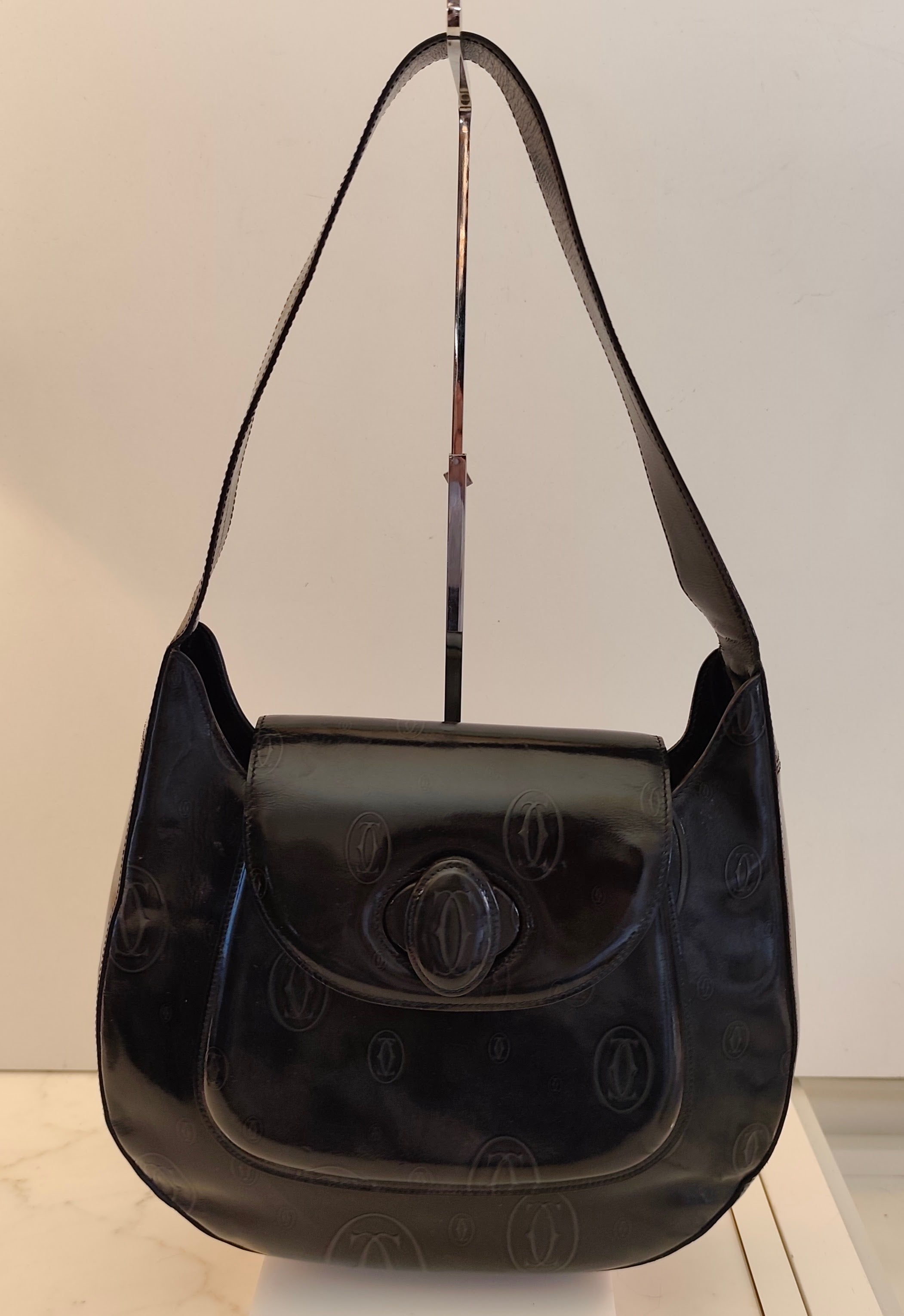 Cartier – Borsa Hobo Happy Birthday Vernice Nera Fantasia Logo