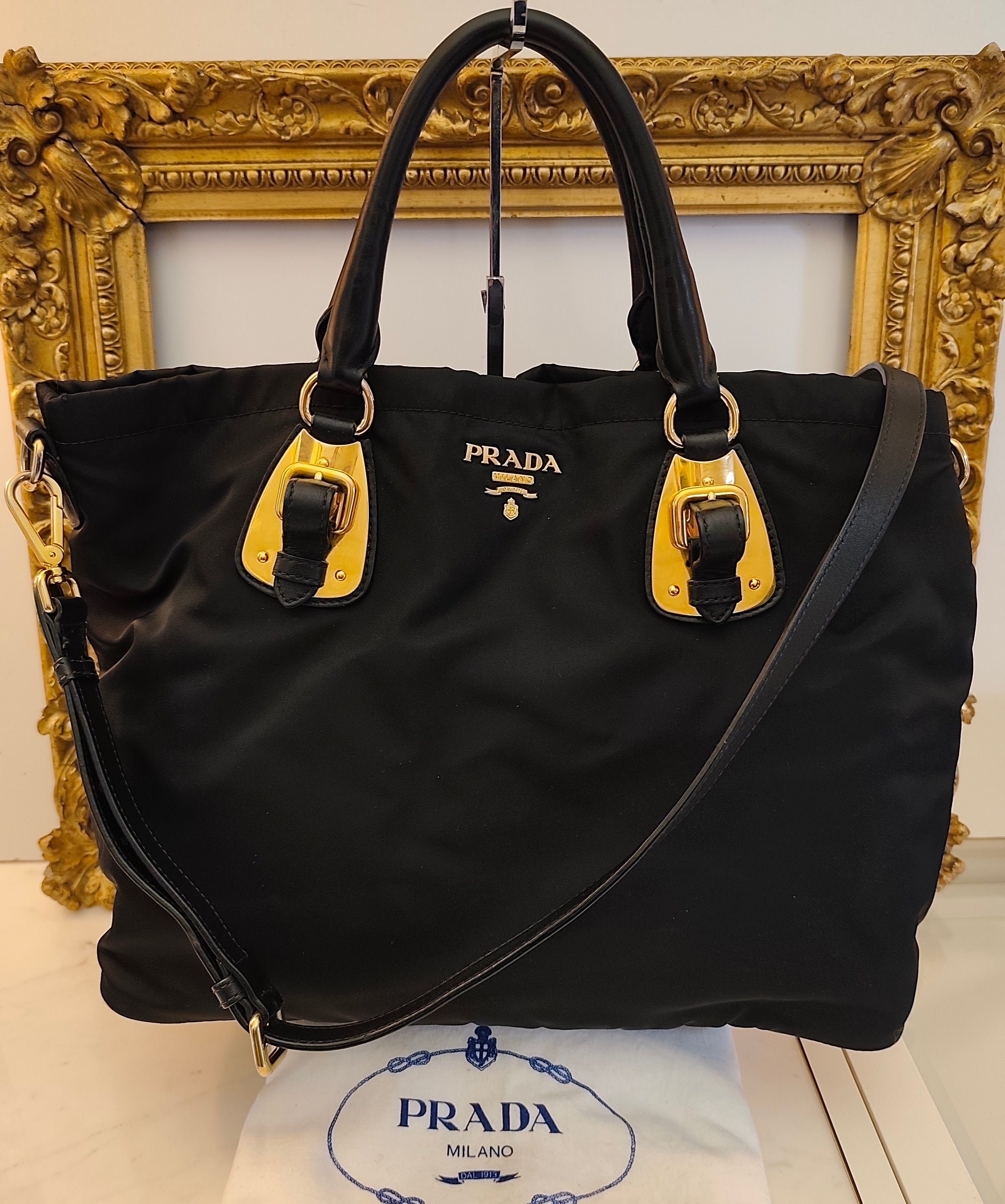 Prada - Tote Bag Shopper - Nylon Nero con HW Dorato e Tracolla