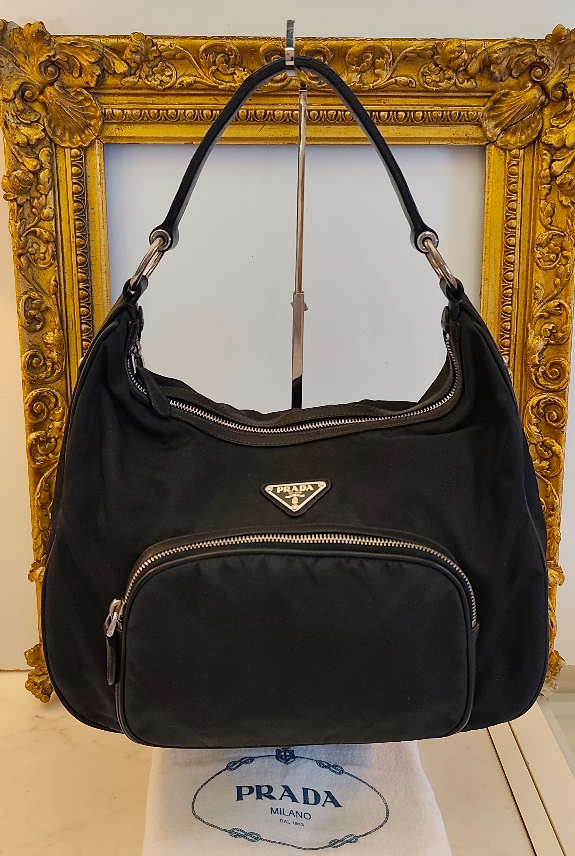 PRADA - Borsa a Spalla Hobo in Nylon e Pelle Nera