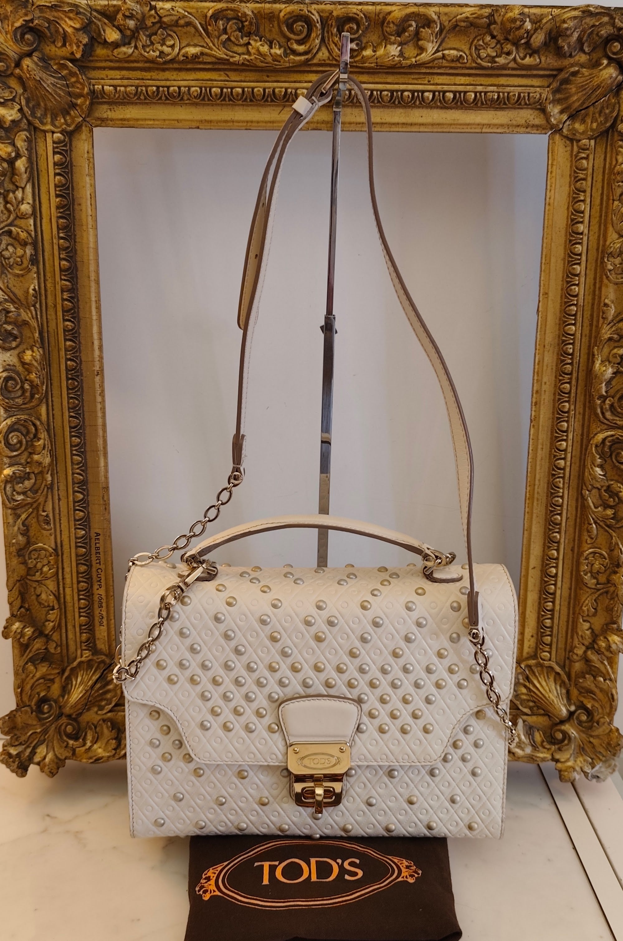 TOD’S - Camera Bag a Mano con Tracolla in Pelle Avorio con Borchie