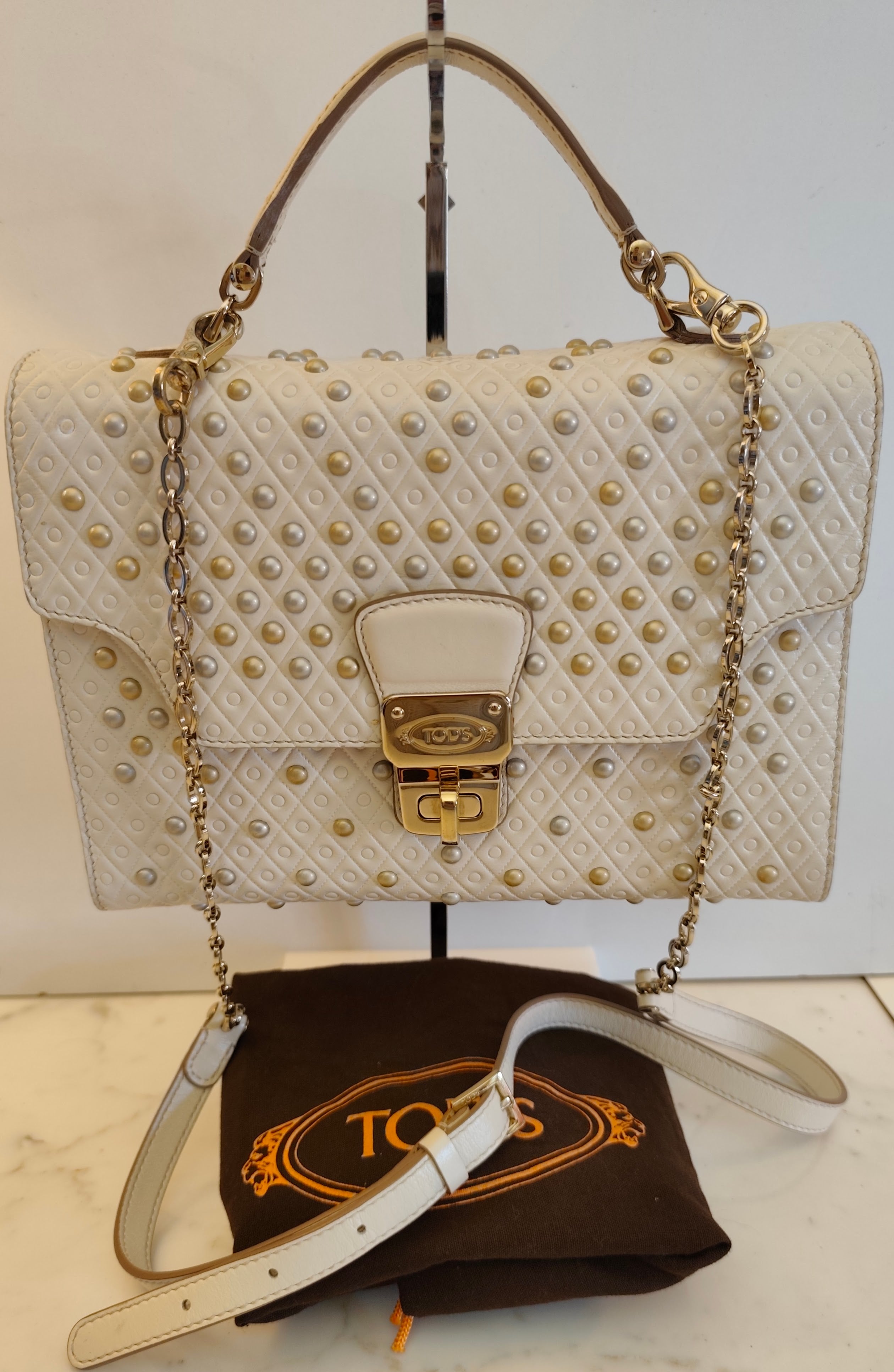 TOD’S - Camera Bag a Mano con Tracolla in Pelle Avorio con Borchie