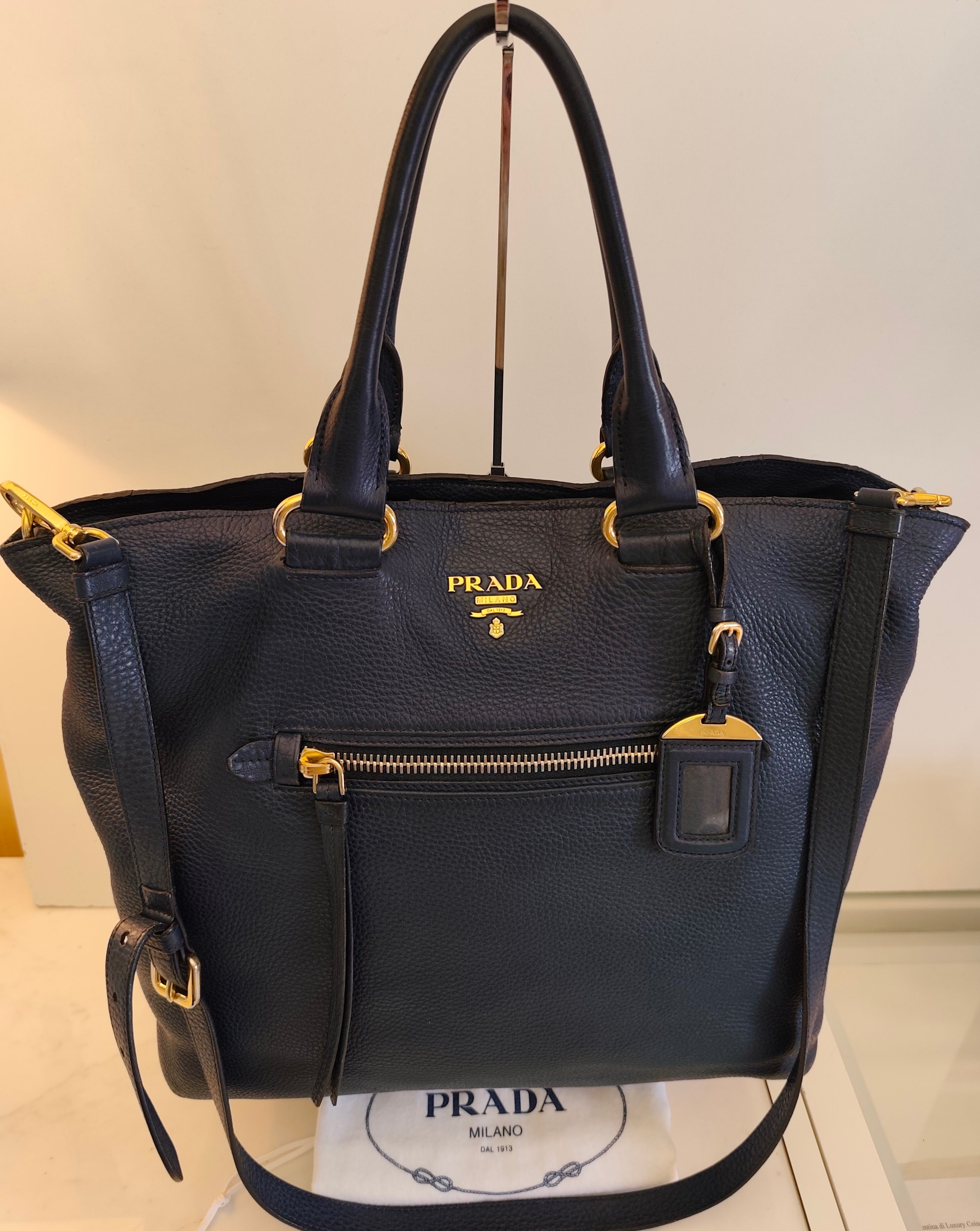 Prada - Shopper in Pelle Martellata Blu con Tracolla