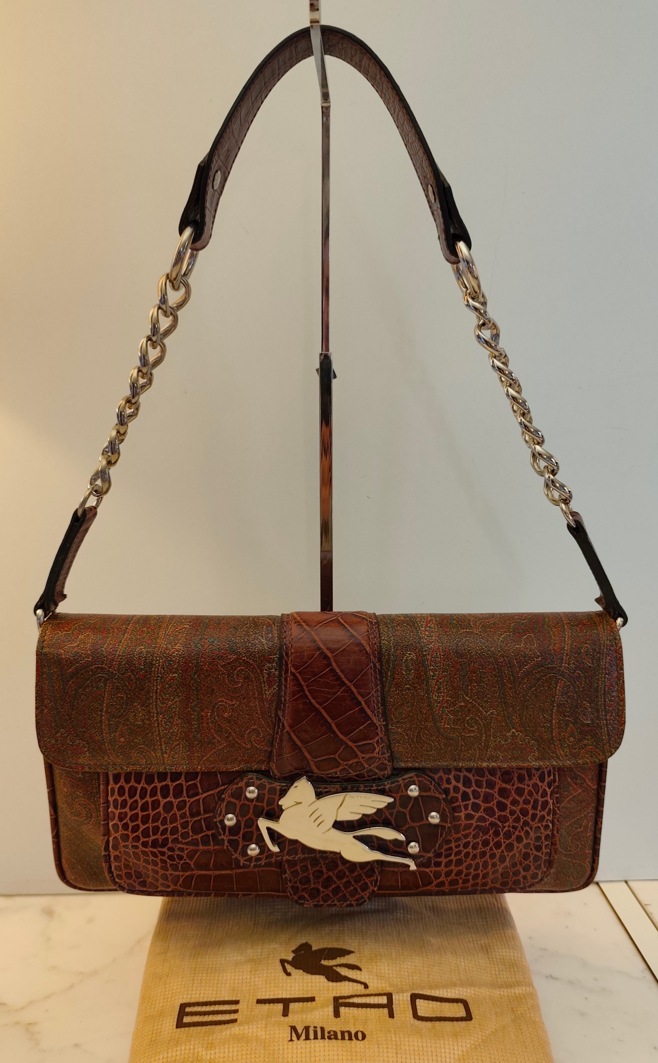 Etro - Baguette a Spalla Paisley con Inserti Croco e Pegaso Argento
