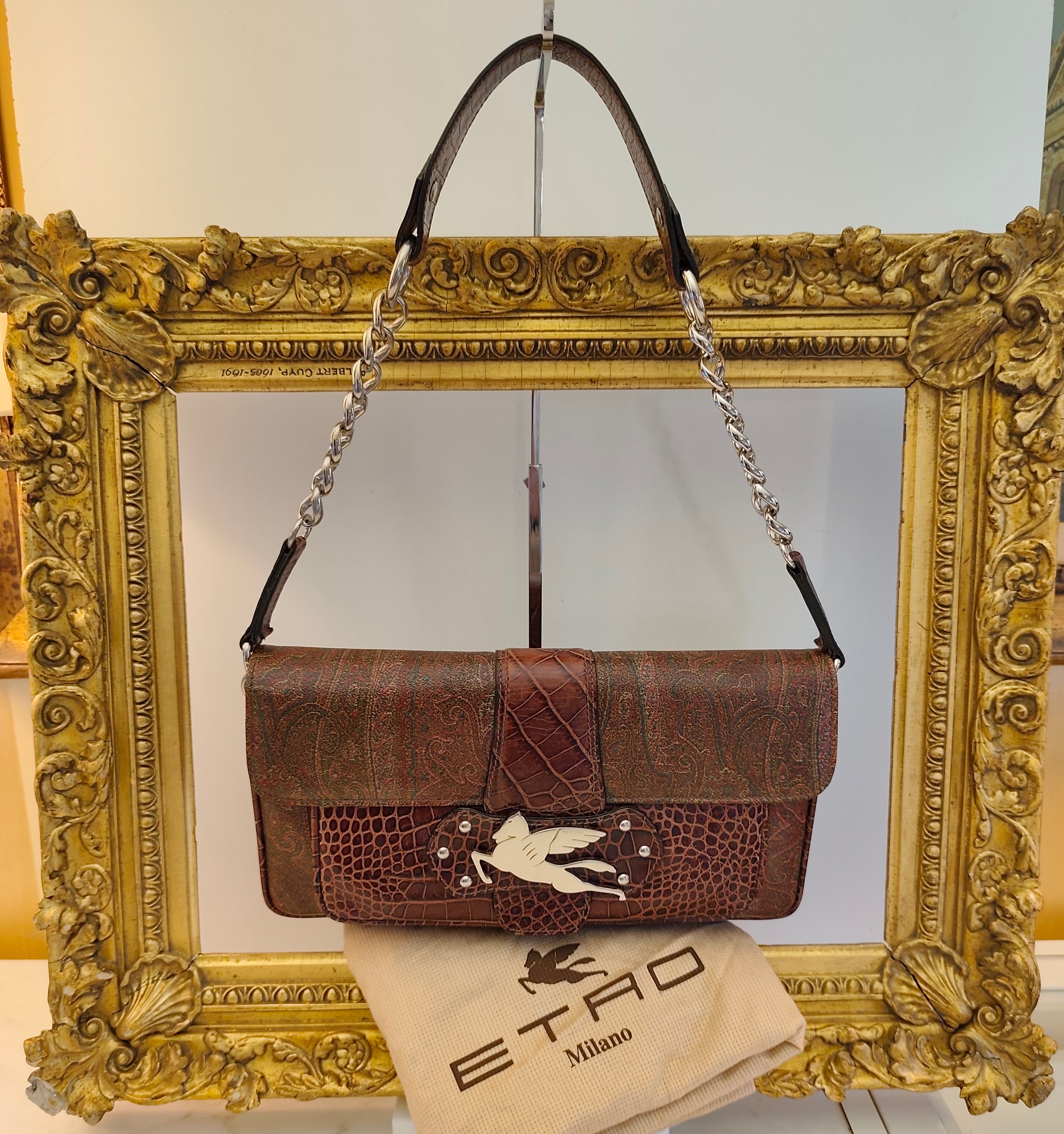 Etro - Baguette a Spalla Paisley con Inserti Croco e Pegaso Argento