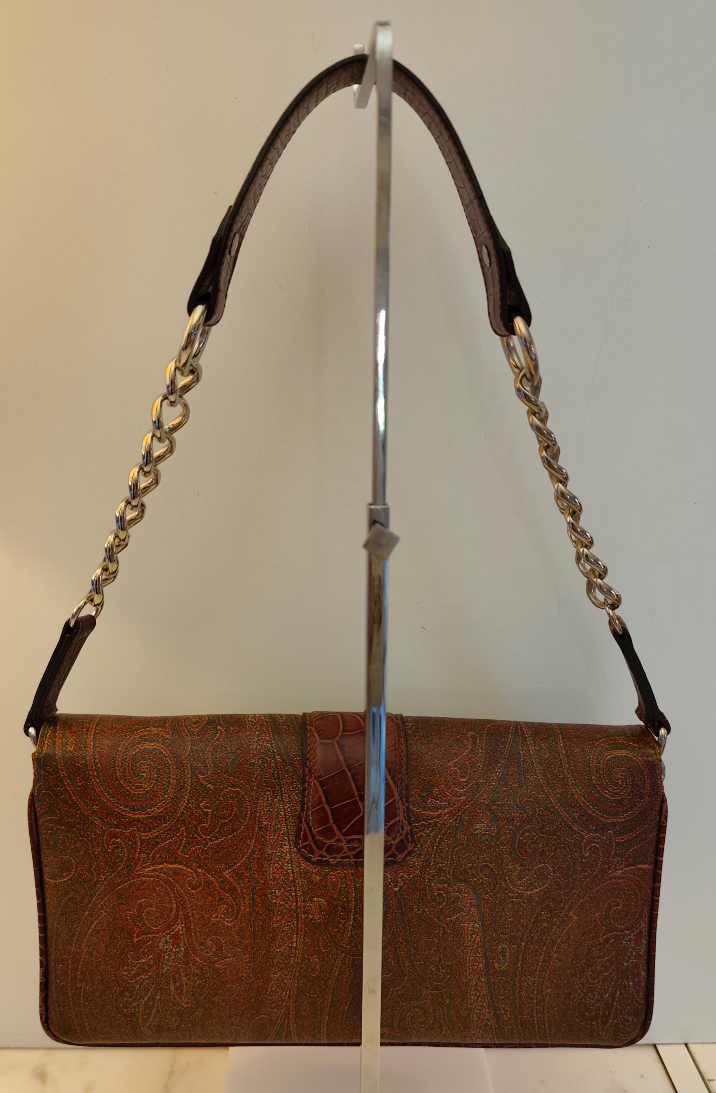 Etro - Baguette a Spalla Paisley con Inserti Croco e Pegaso Argento