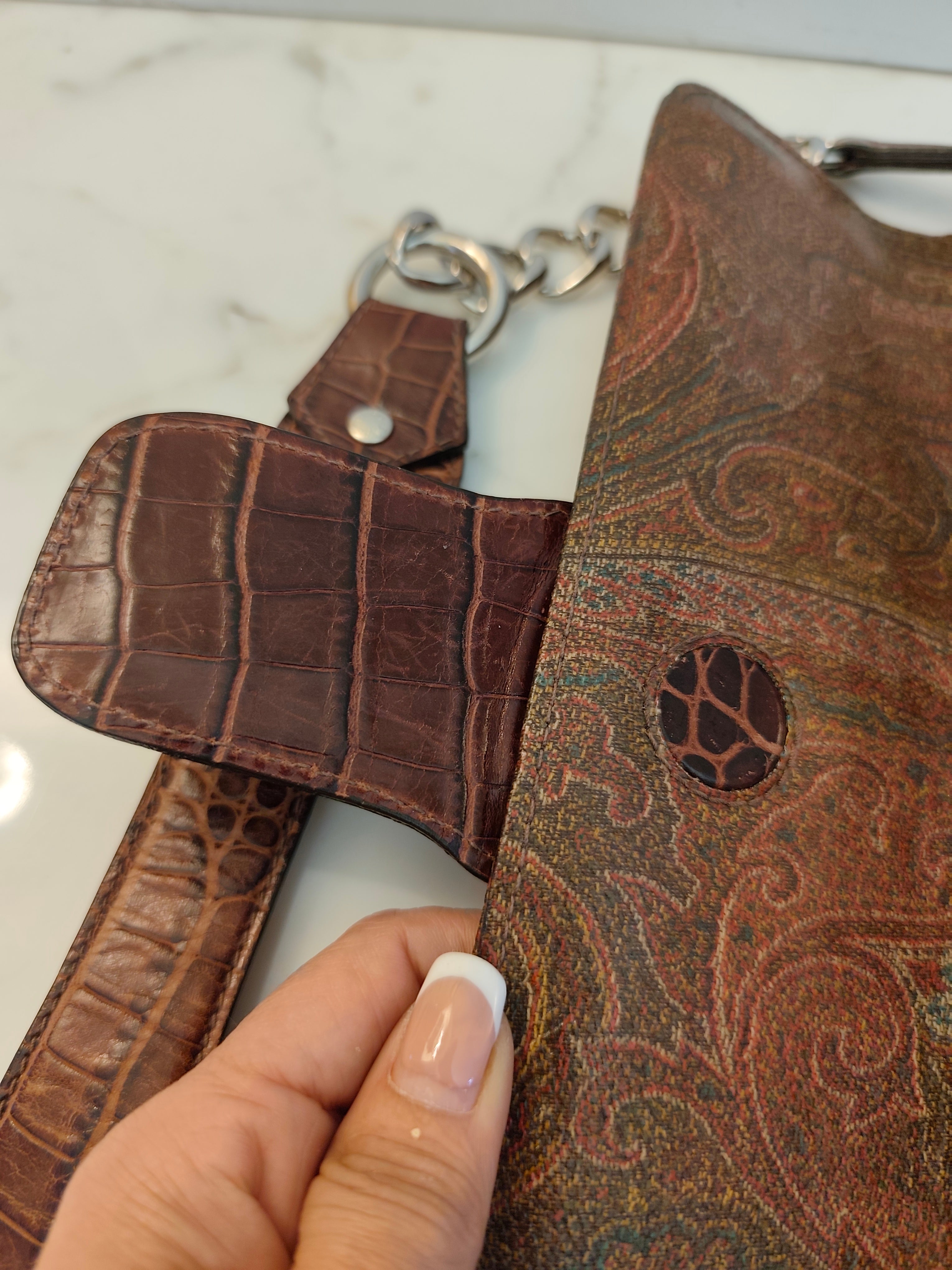 Etro - Baguette a Spalla Paisley con Inserti Croco e Pegaso Argento