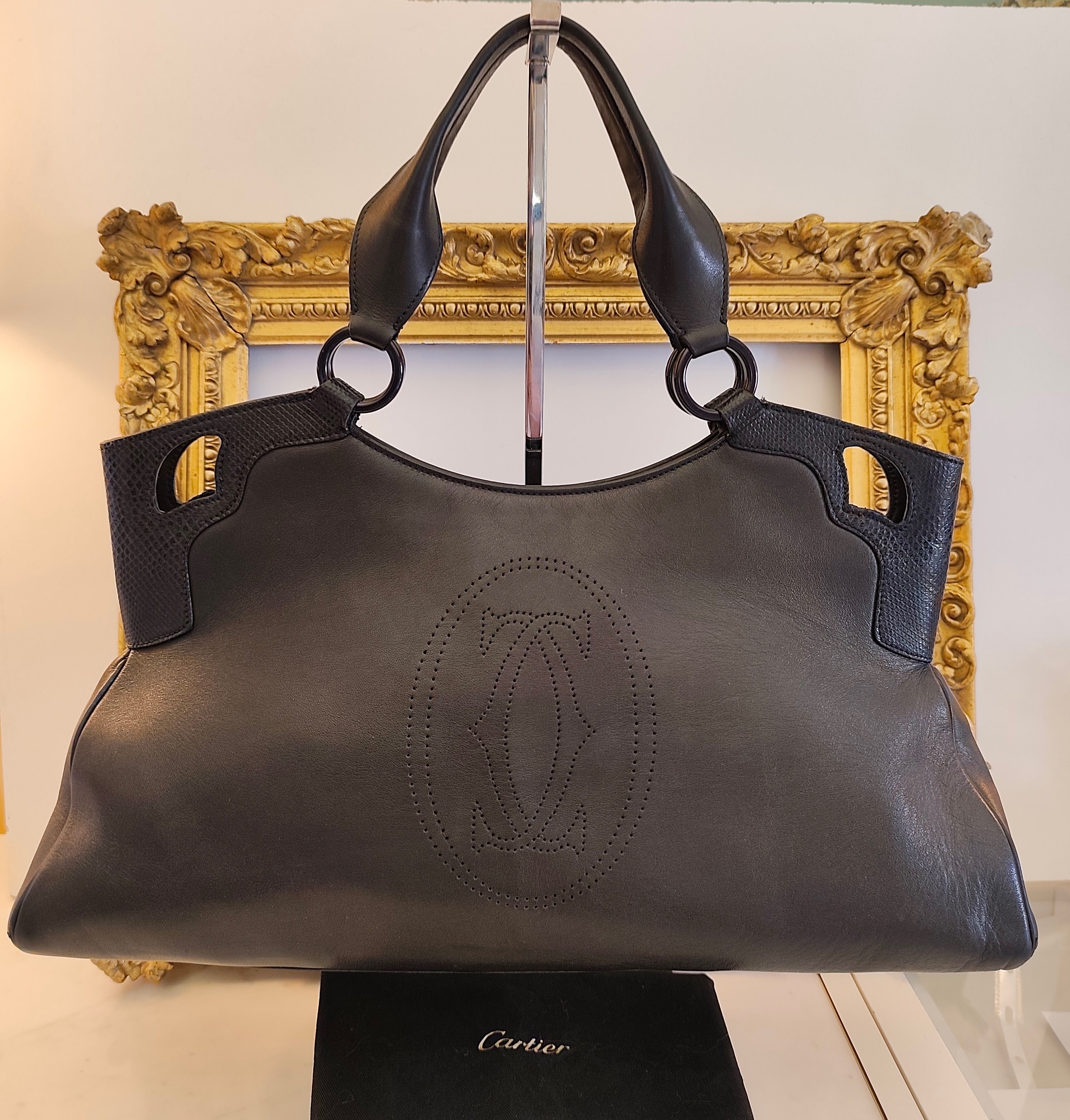 Cartier – Borsa a Spalla Marcello in Pelle Nera con Inserti in Pelle Esotica