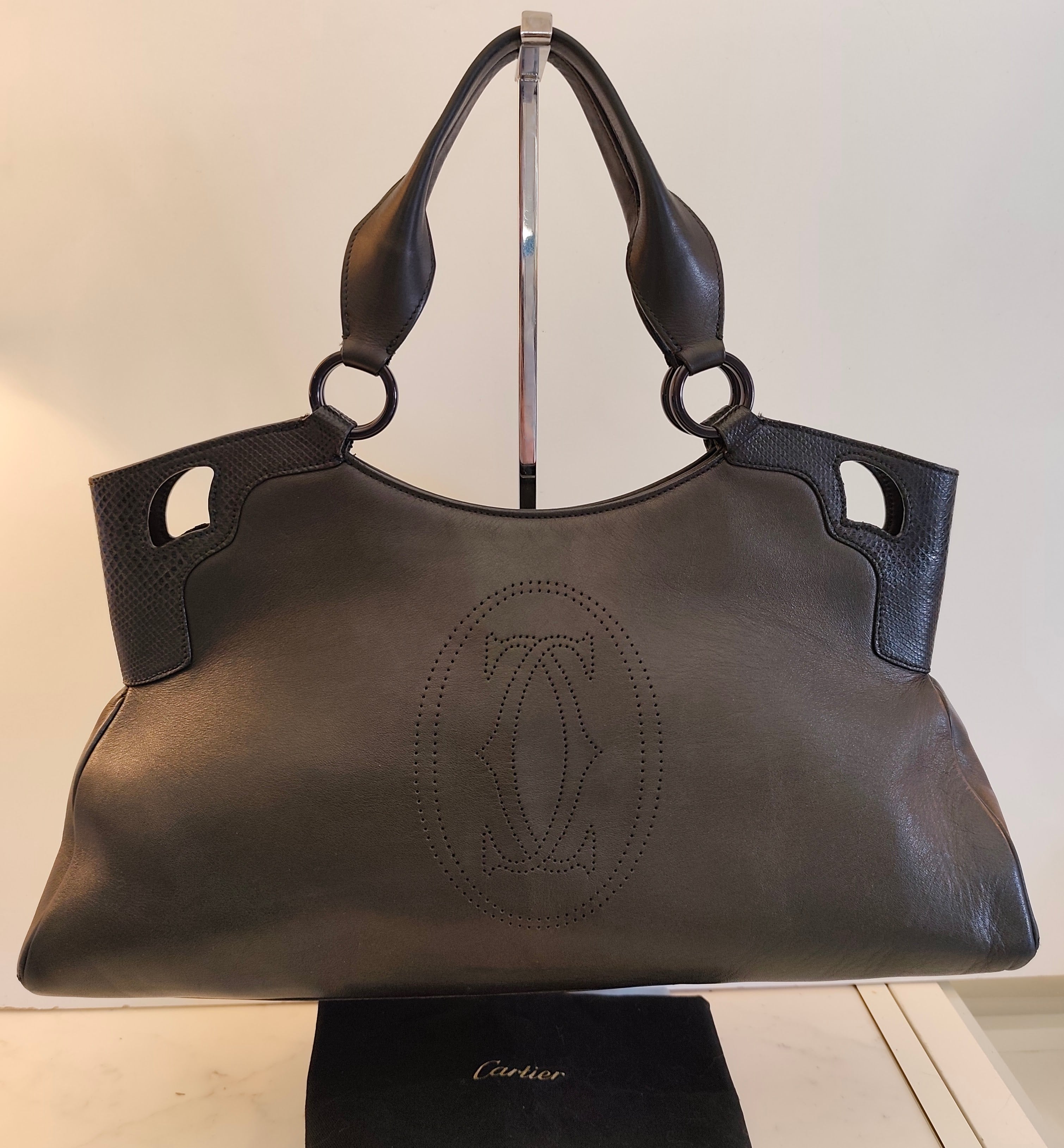 Cartier – Borsa a Spalla Marcello in Pelle Nera con Inserti in Pelle Esotica