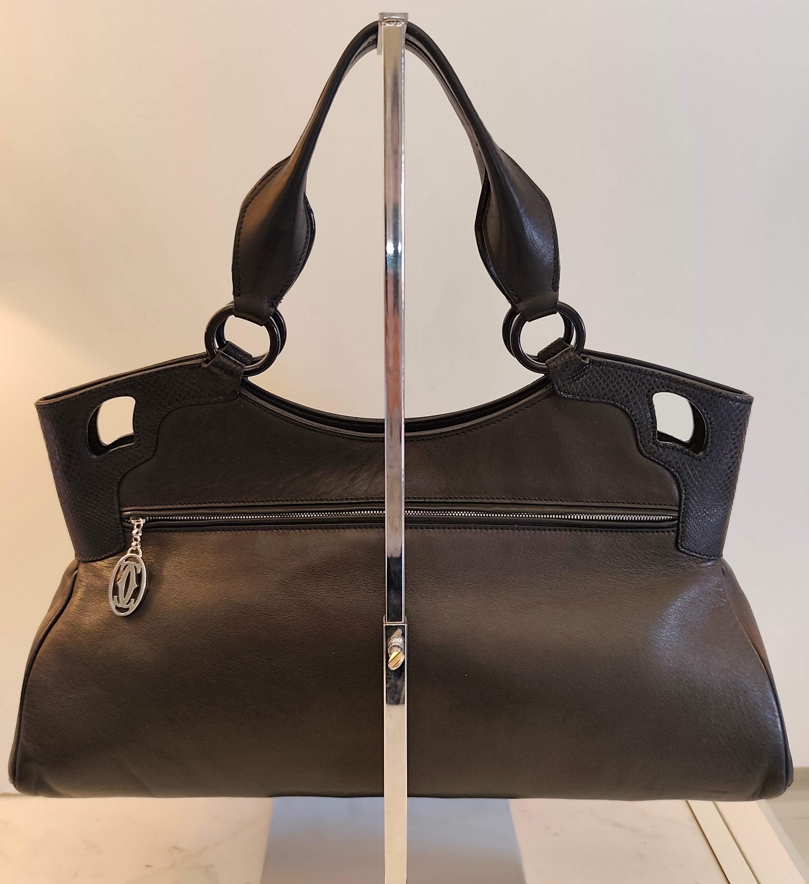 Cartier – Borsa a Spalla Marcello in Pelle Nera con Inserti in Pelle Esotica