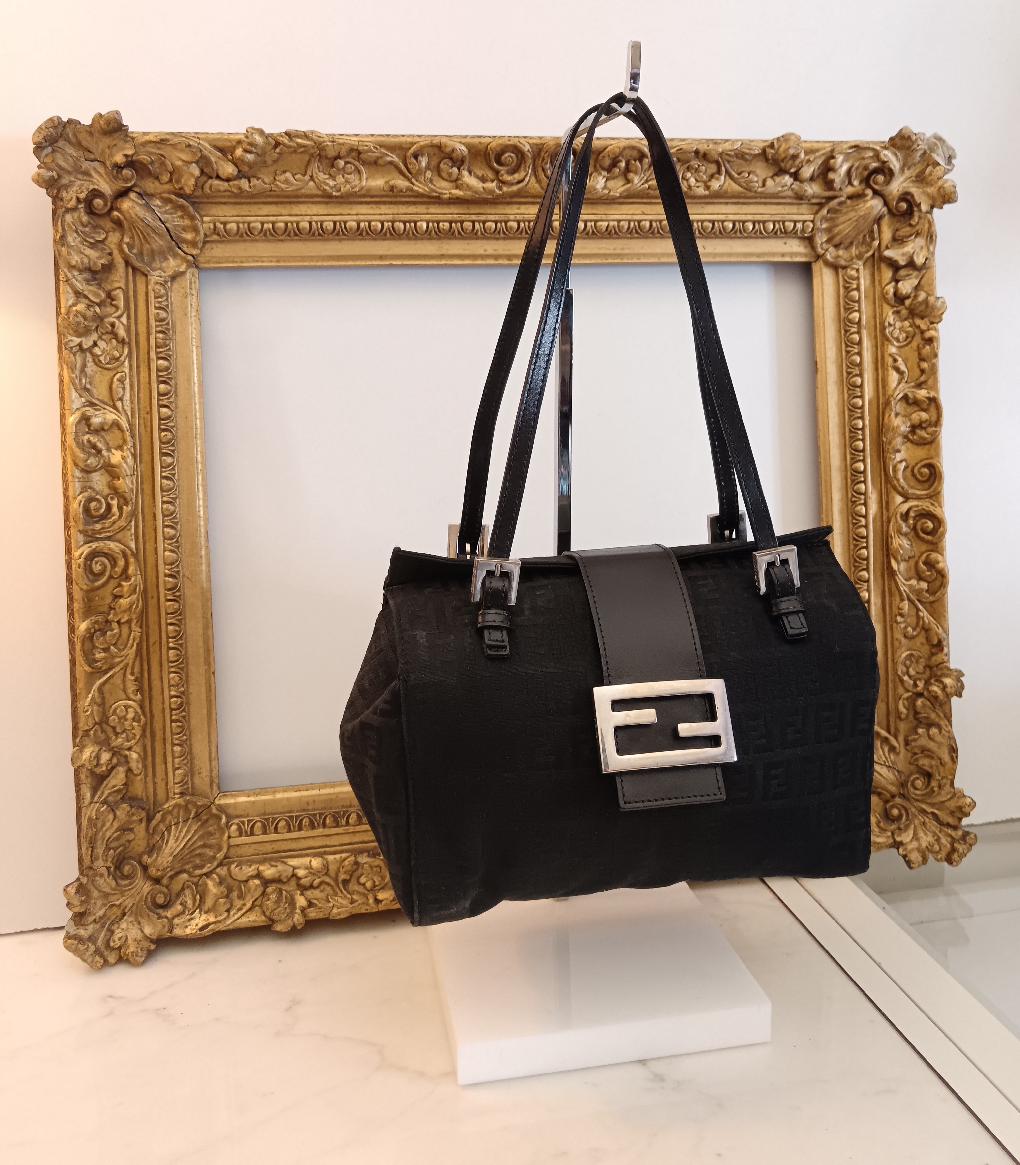 Fendi - Baguette Mini Tote Tessuto Zucchino Nero E Inserti In Pelle Nera