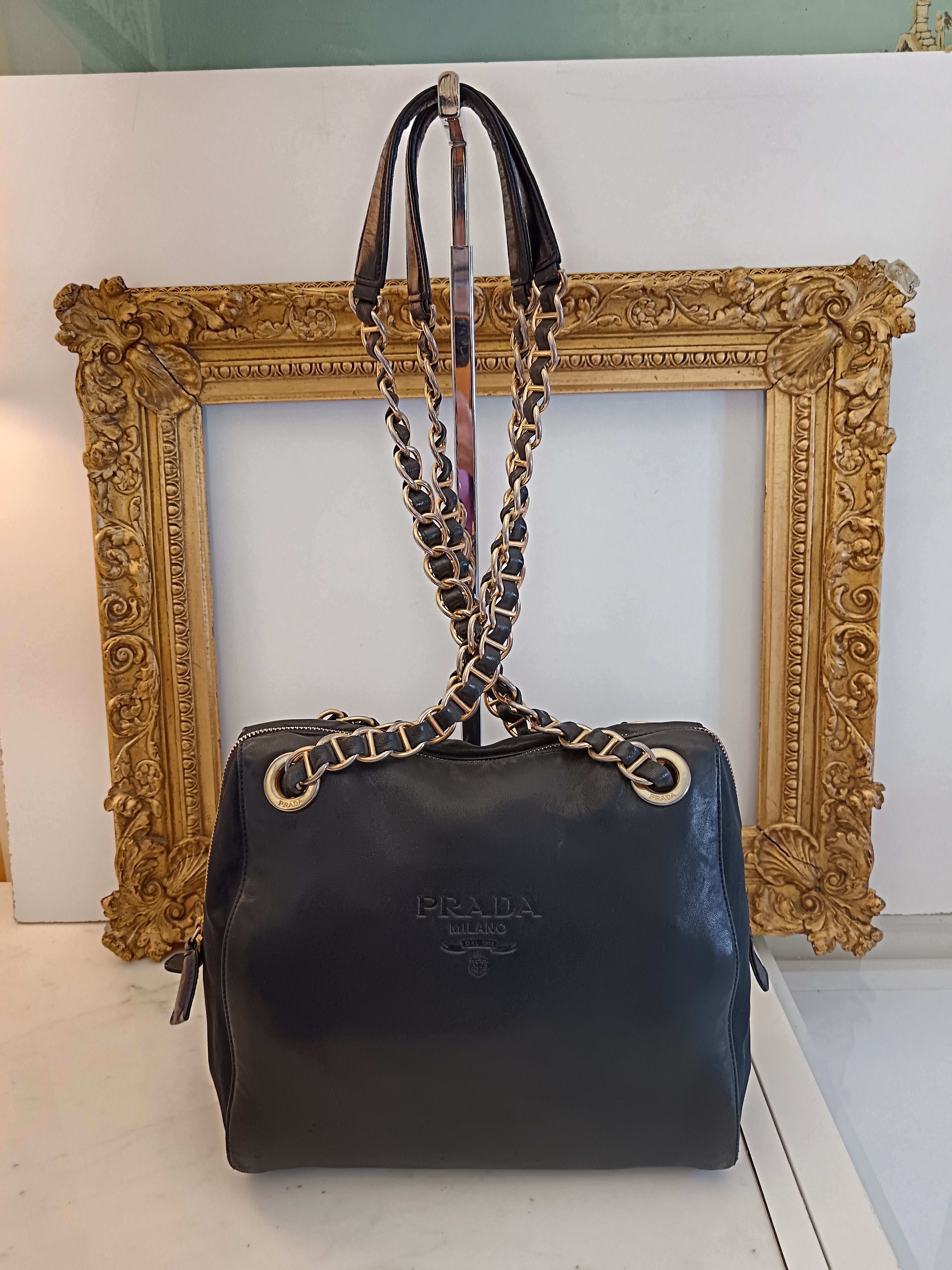 Prada - Borsa a Spalla logo impresso vintage con manici catene in pelle e nylon blu scuro