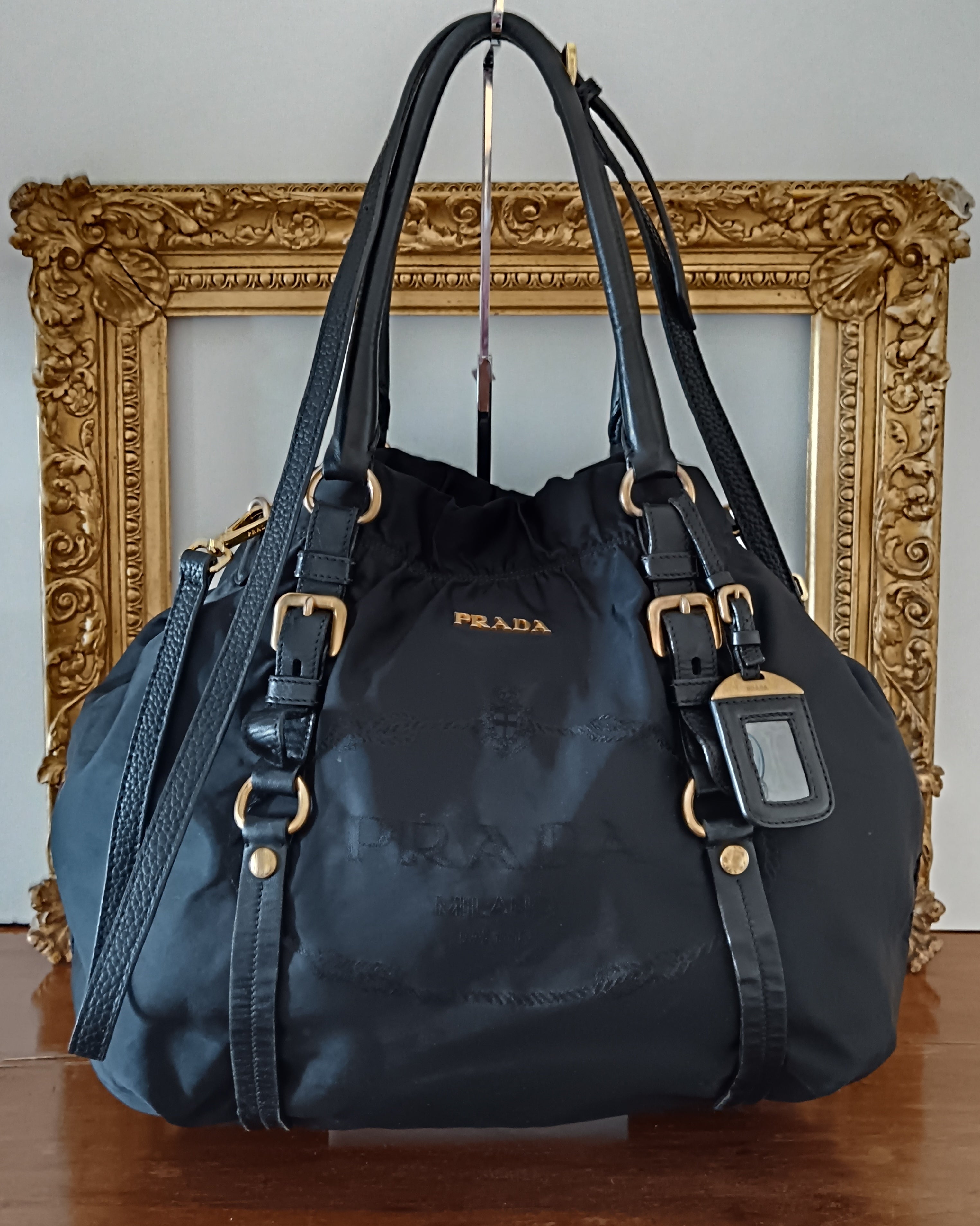 Prada - Tote Nylon E Pelle Nero Logo Jacquard