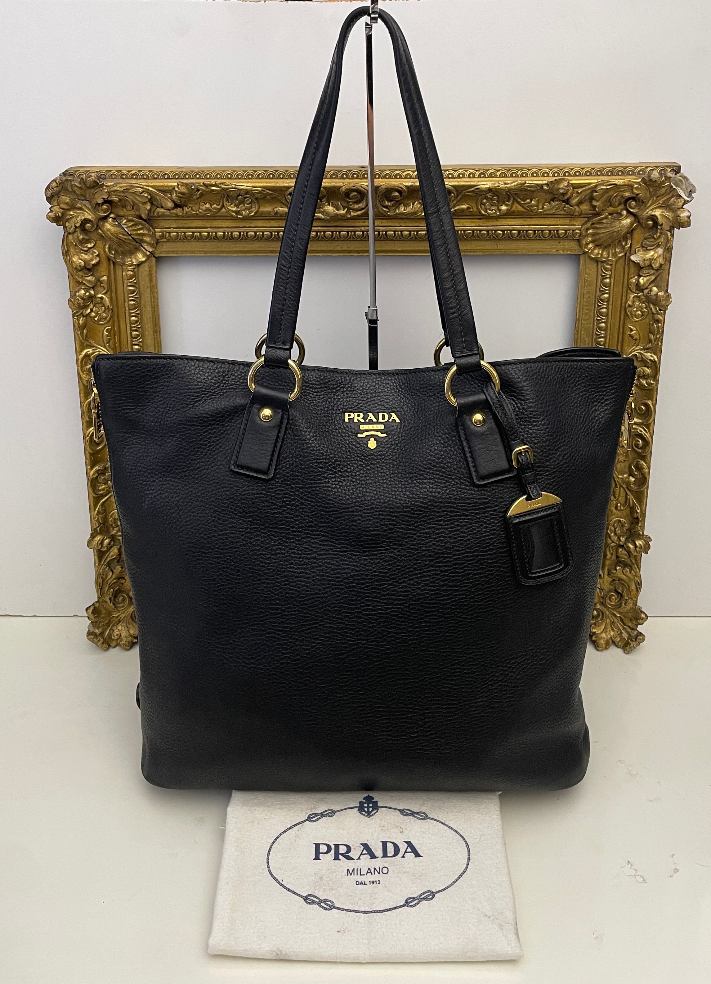 Prada - Shopper Espandibile in Pelle Martellata Nera
