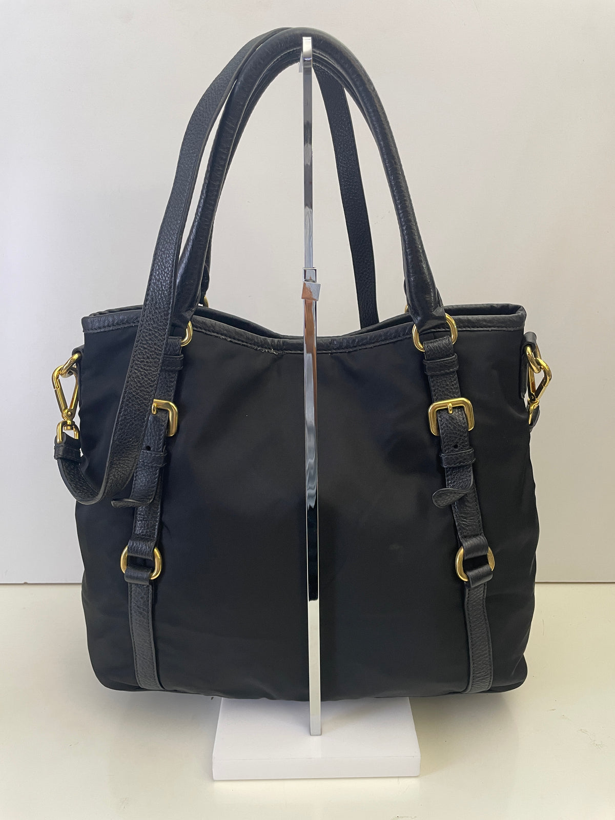 Prada - Tote Shopper Nylon Nero con Fasce in Pelle e Doppi Anelli FULL SET
