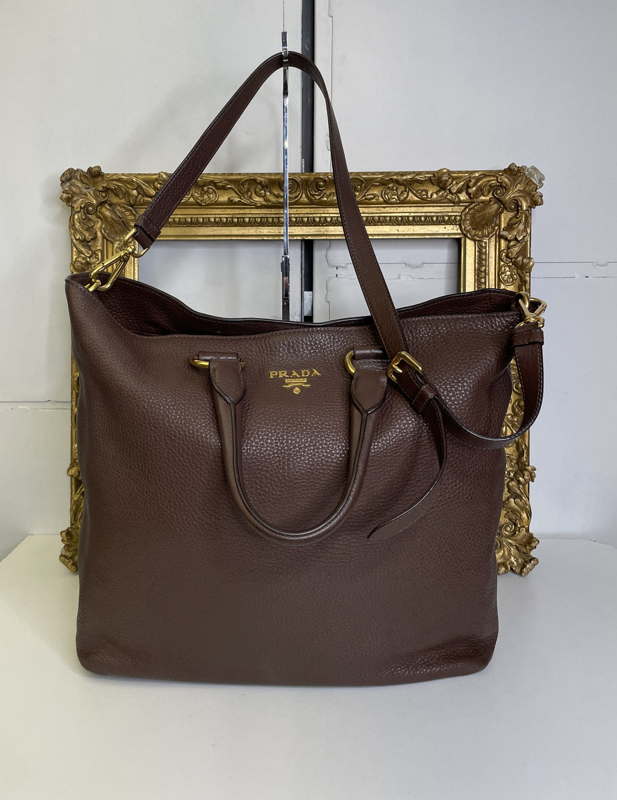 Prada - Shopper in Pelle Martellata Marrone Abbronzato