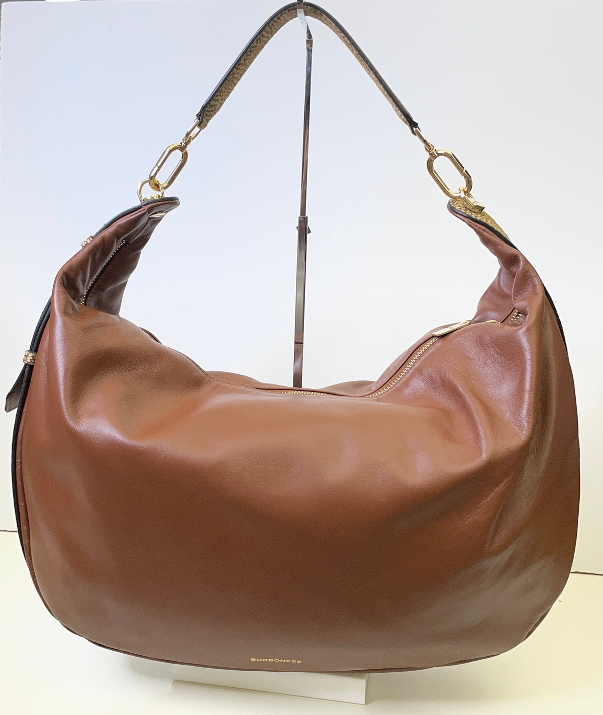 Borbonese - Hobo "Oyster" Pelle Cognac Con Bordi Tapiro