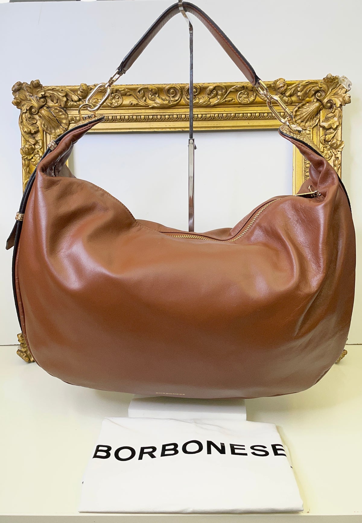 Borbonese - Hobo "Oyster" Pelle Cognac Con Bordi Tapiro