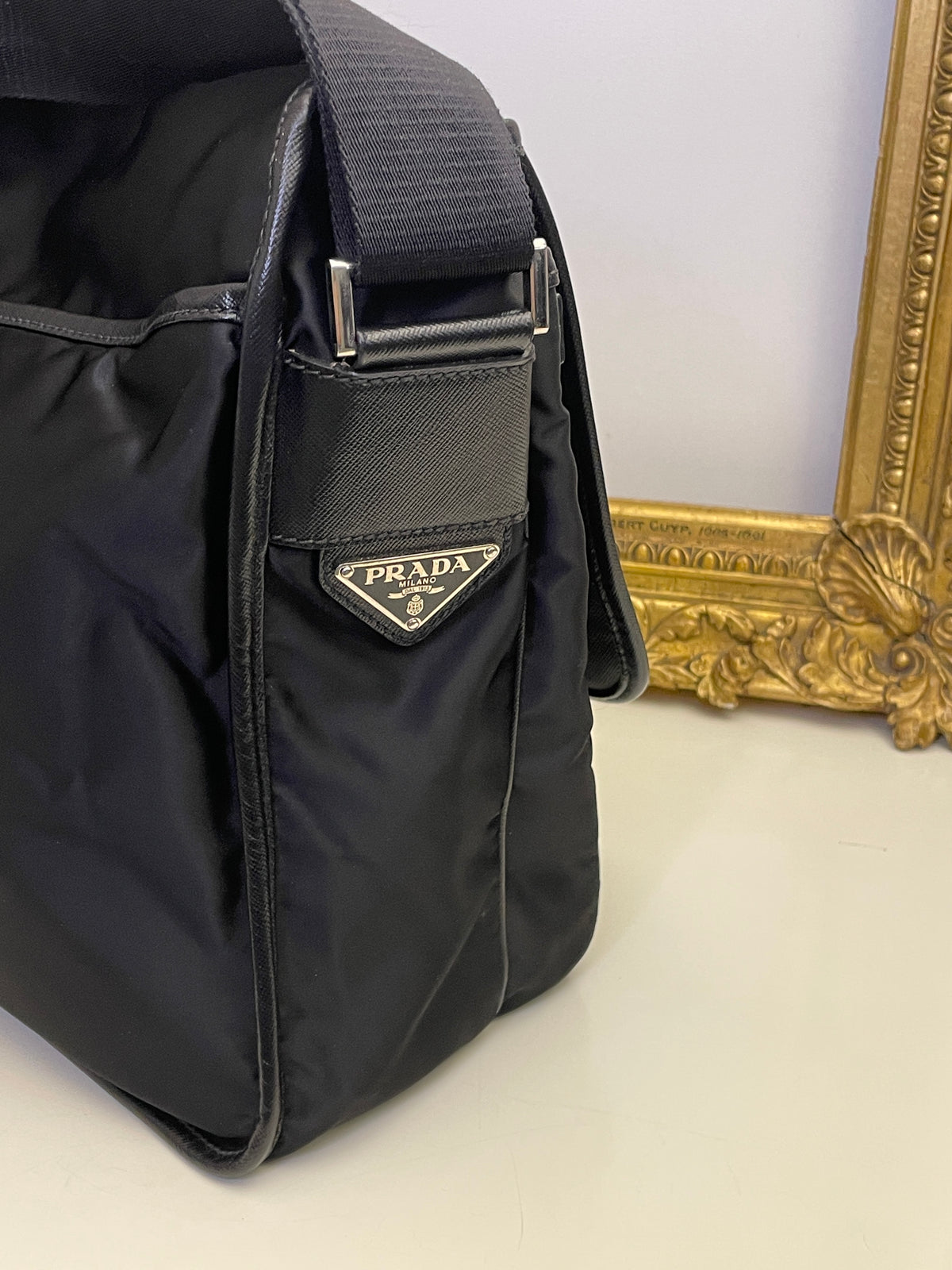 Prada Cartella Doppie Tasche Nylon Nera  Scritta Fronte