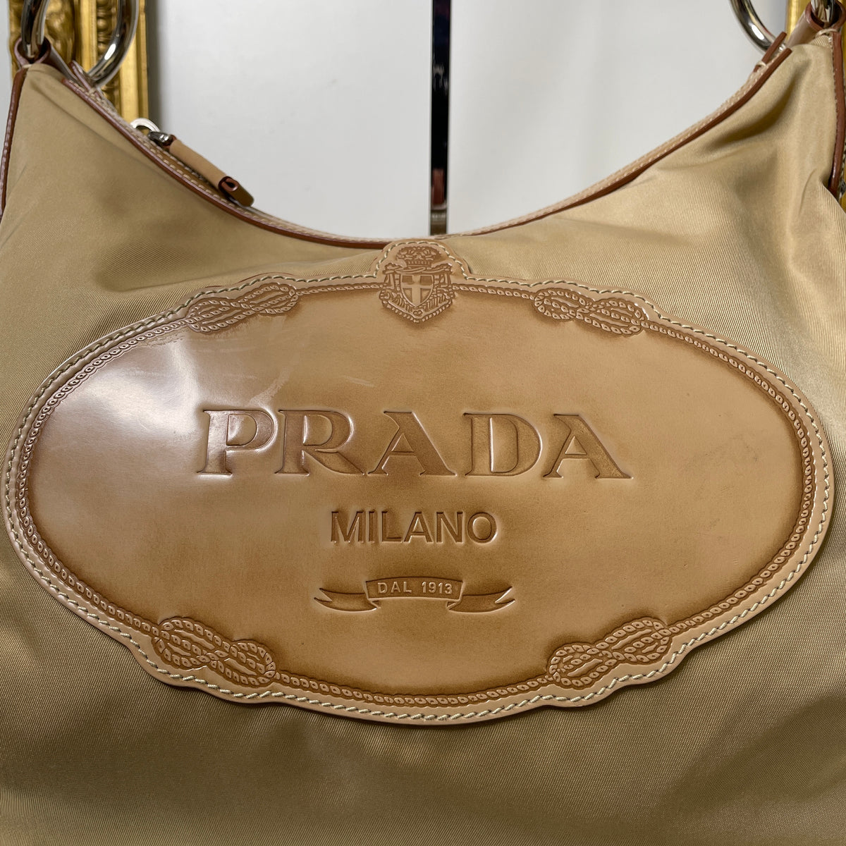 Prada - Borsa Piattina a Tracolla nylon e cordura Beige Logo Jacquard
