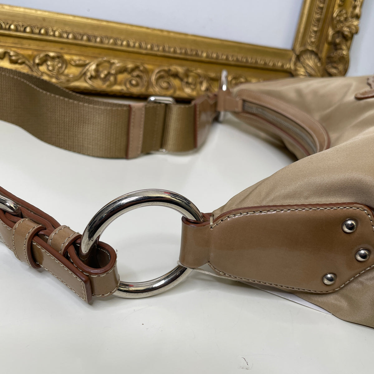 Prada - Borsa Piattina a Tracolla nylon e cordura Beige Logo Jacquard