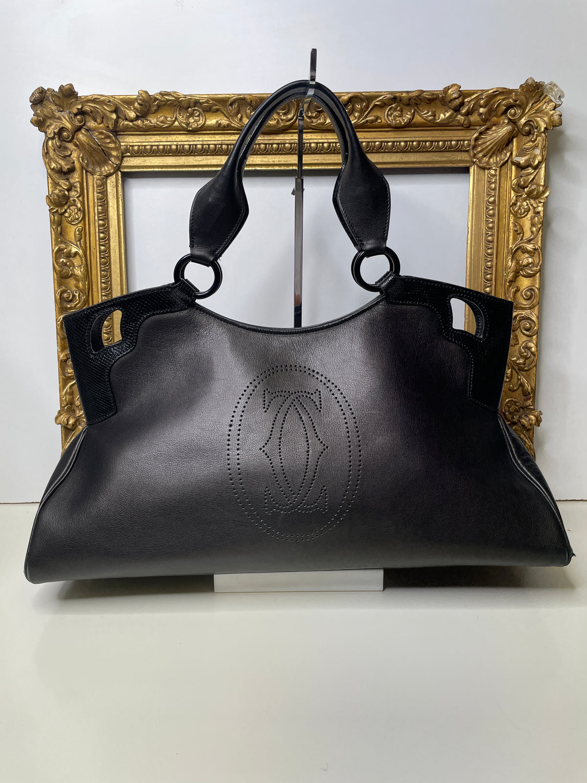 Cartier – Borsa a Spalla Marcello in Pelle Nera con Inserti in Lucertola